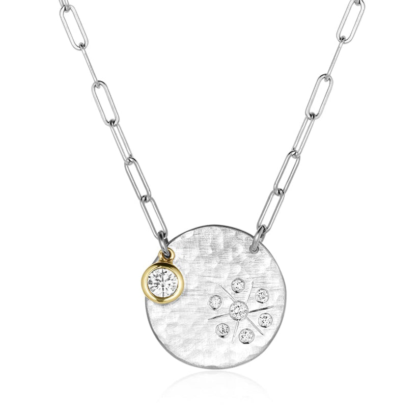 14k White Gold Diamond Constellation Disc Necklace on a Paperclip Link Chain with a Bezel Set Floating Diamond Accent by Julez Bryant