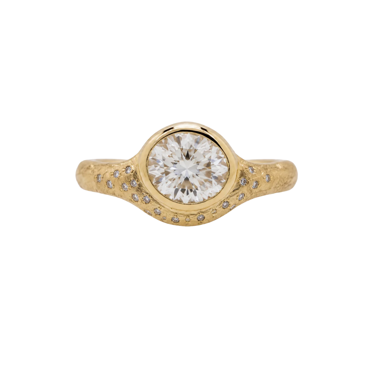 14k gold round engagement ring with organic band with scattered white diamonds on white background