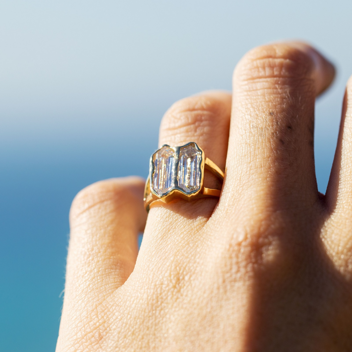 14k gold double hexagonal bezel set engagement