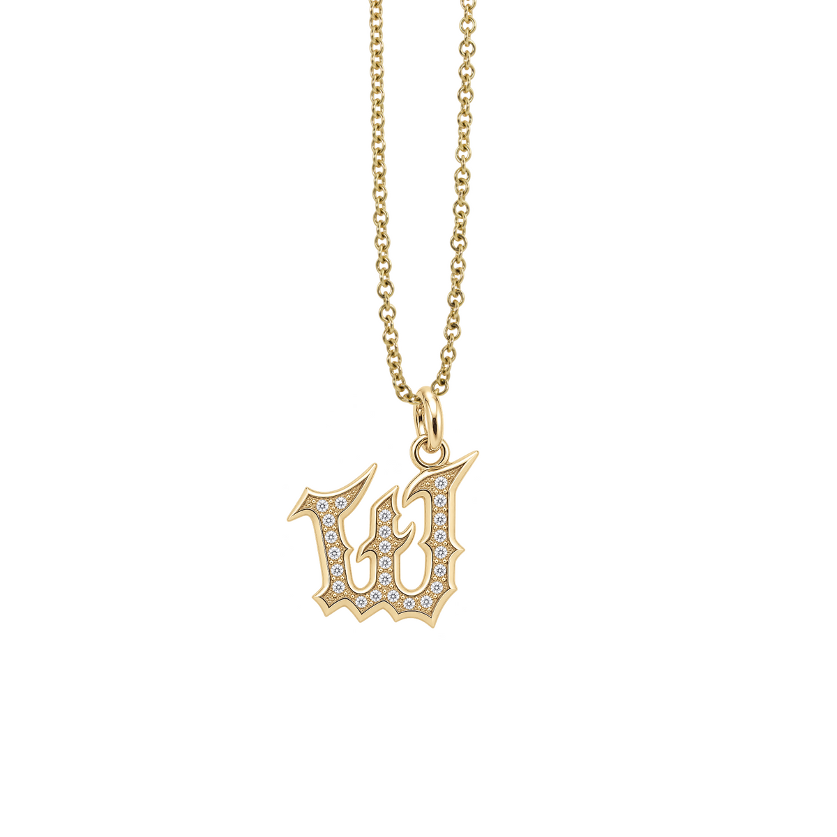 14k gothic initial pendant with multiple white diamonds on white background