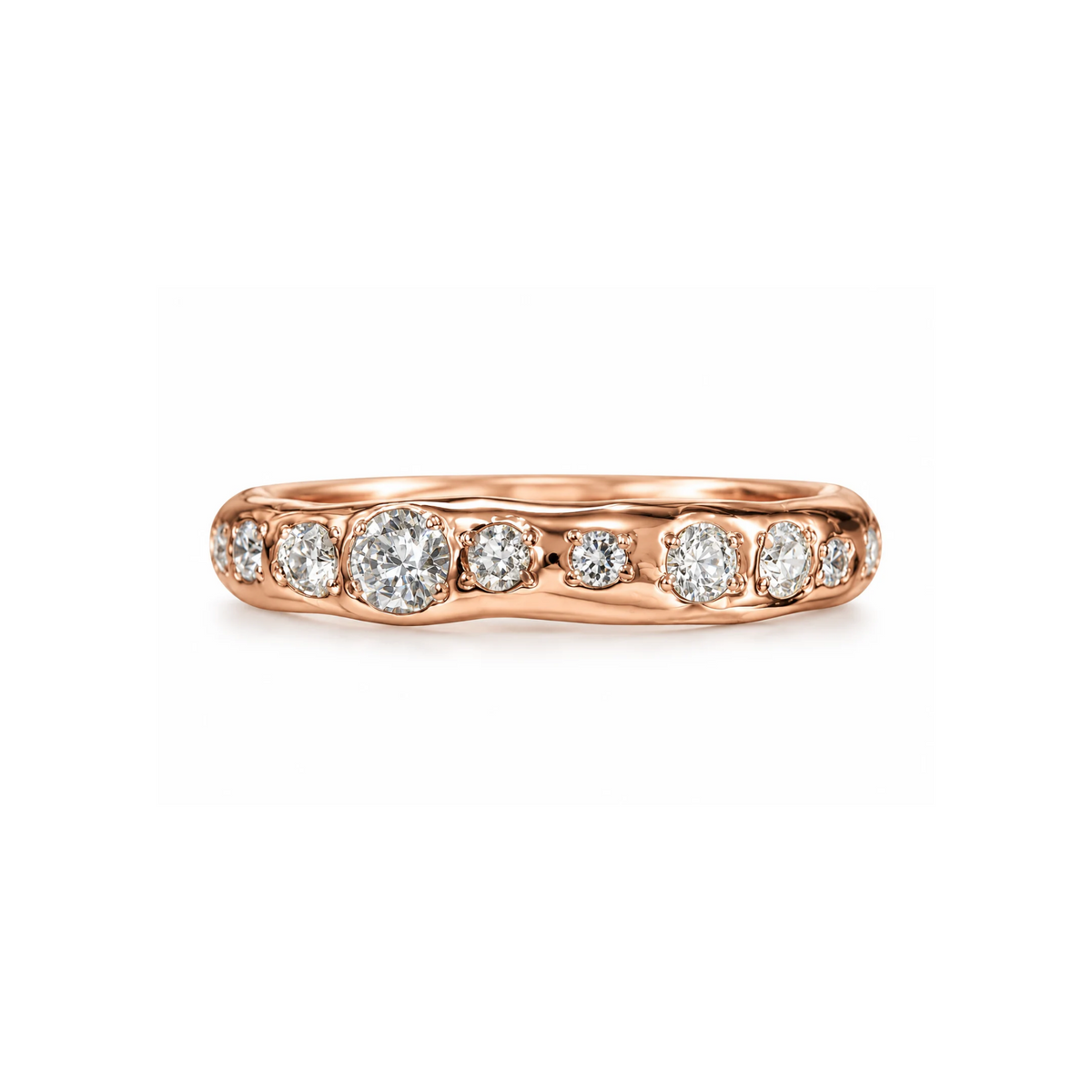 14k gold organic band with mixed white diamonds on white background