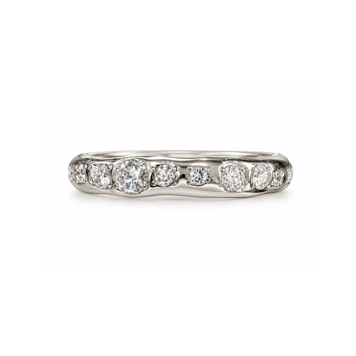 14k gold organic band with mixed white diamonds on white background