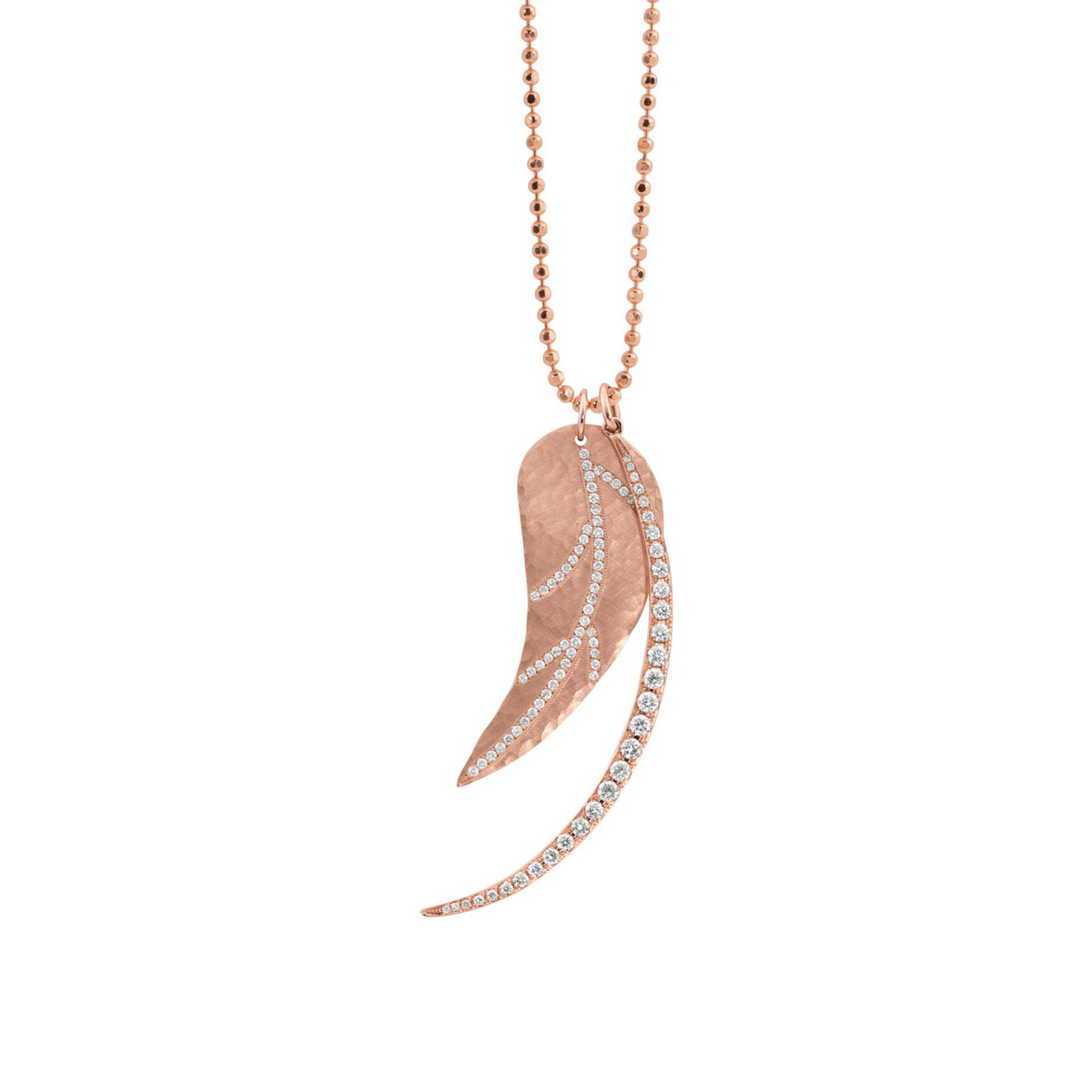 14k gold leaf pendant with pave set white diamonds stacked with thin jb pendant on a white background