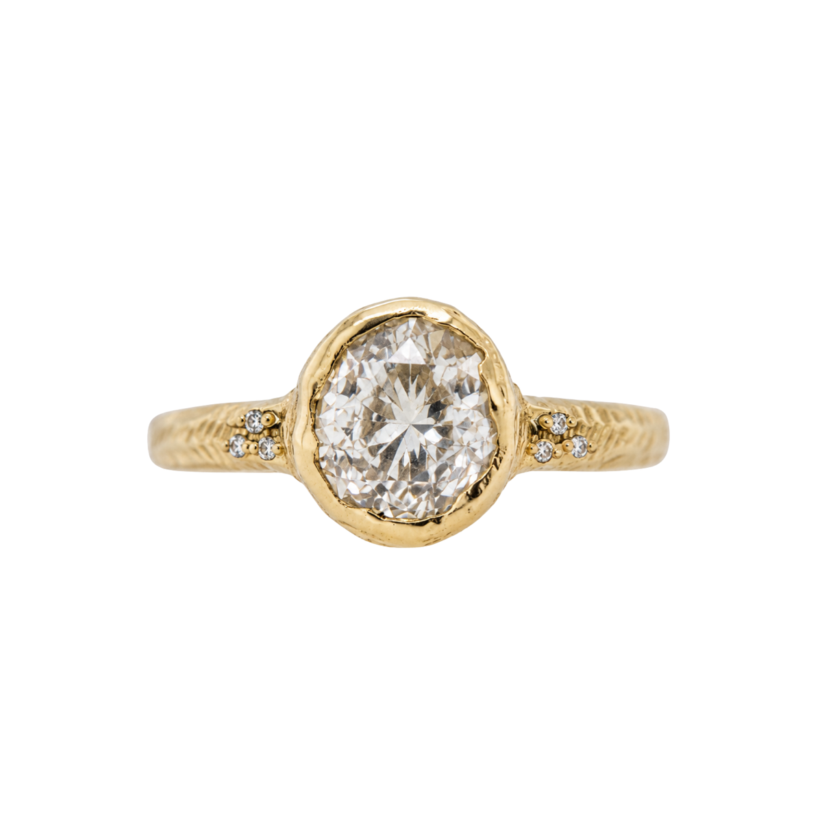 14k gold organic bezel set diamond engagement ring on white background