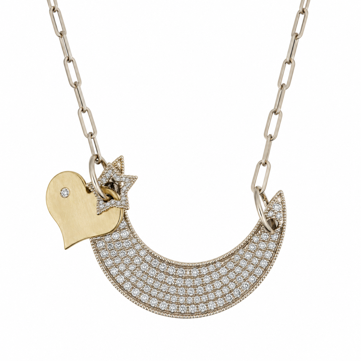 14k gold pave diamond moon necklace with star and heart charm on paperclip link chain on white background