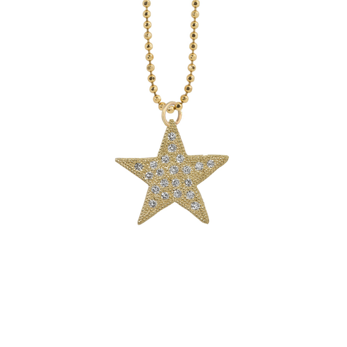 14k gold star pendant with pave set white diamonds on white background