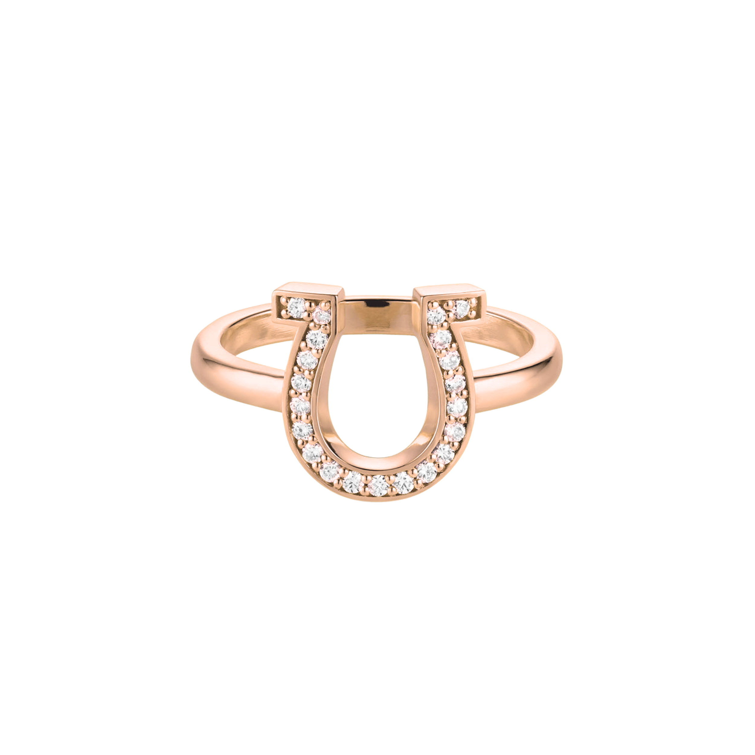 14k rose gold horseshoe ring with white diamonds on a white background