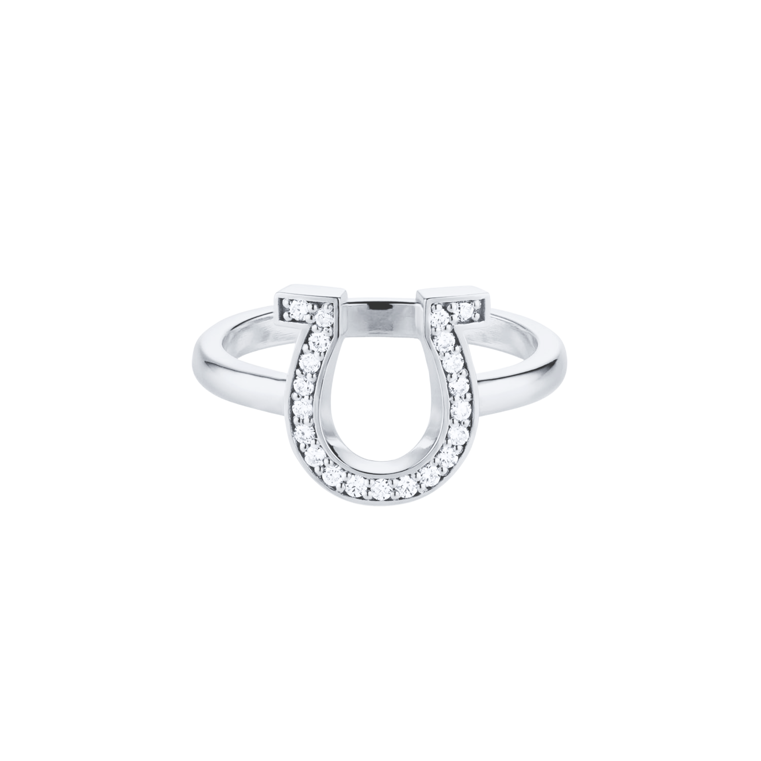 14k white gold horseshoe ring with white diamonds on a white background