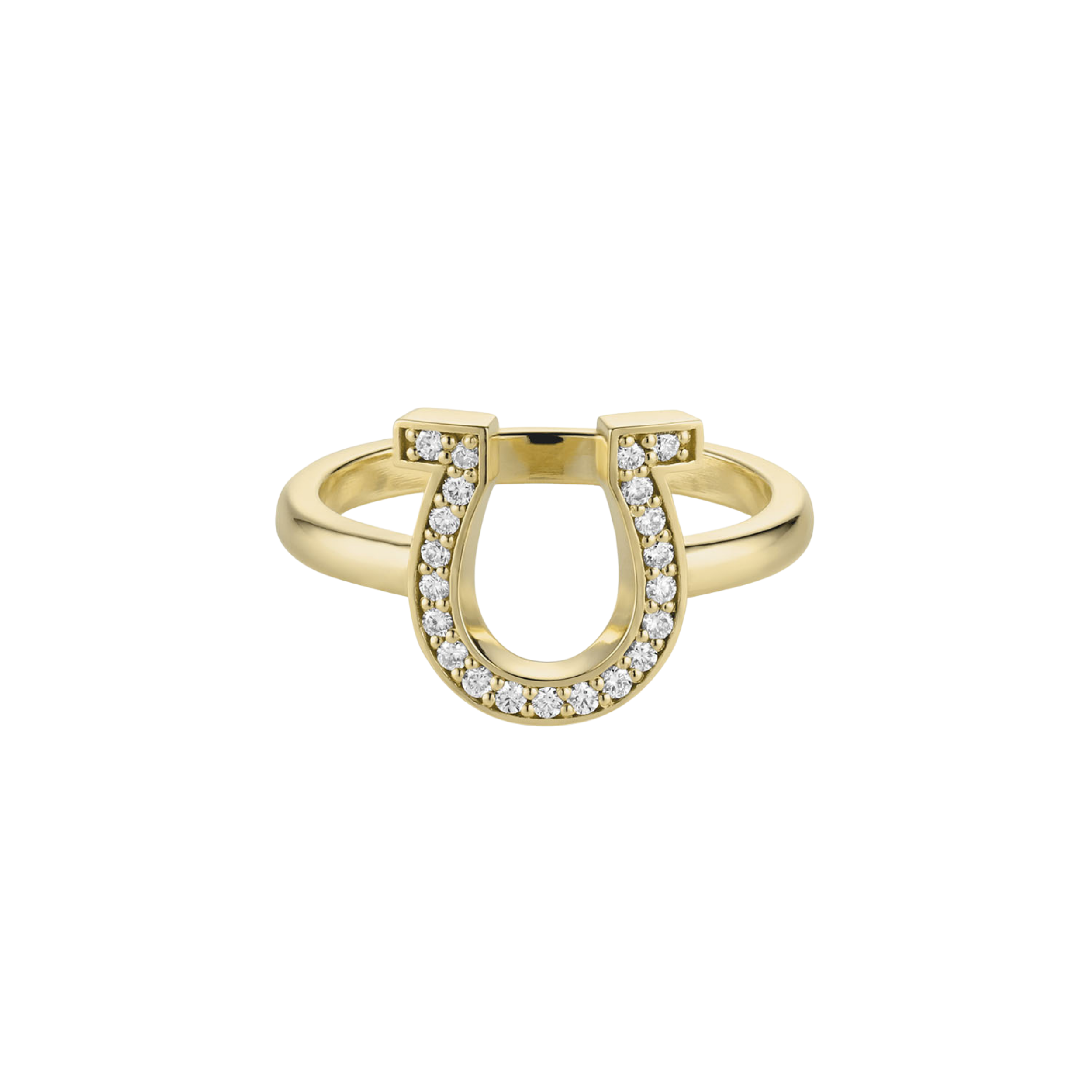 14k yellow gold horseshoe ring with white diamonds on a white background