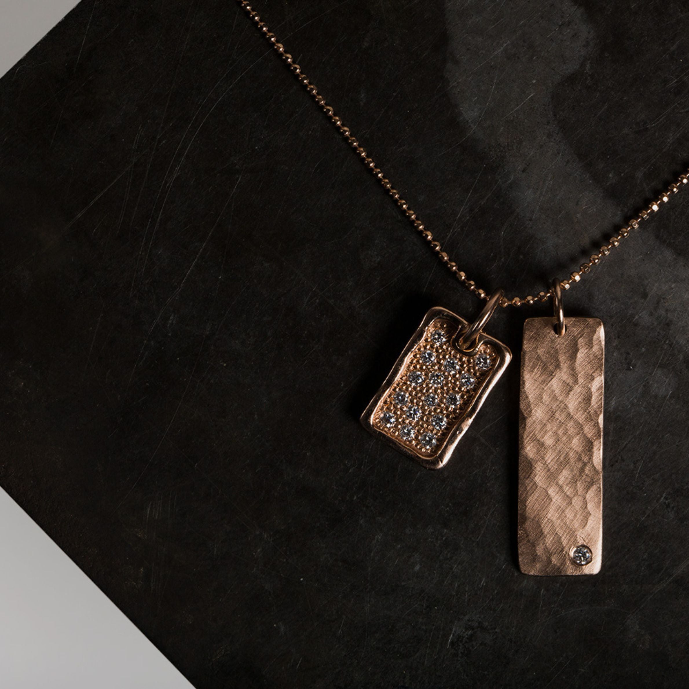 14k Gold Rectangle dog tag pendants on 14k gold chain