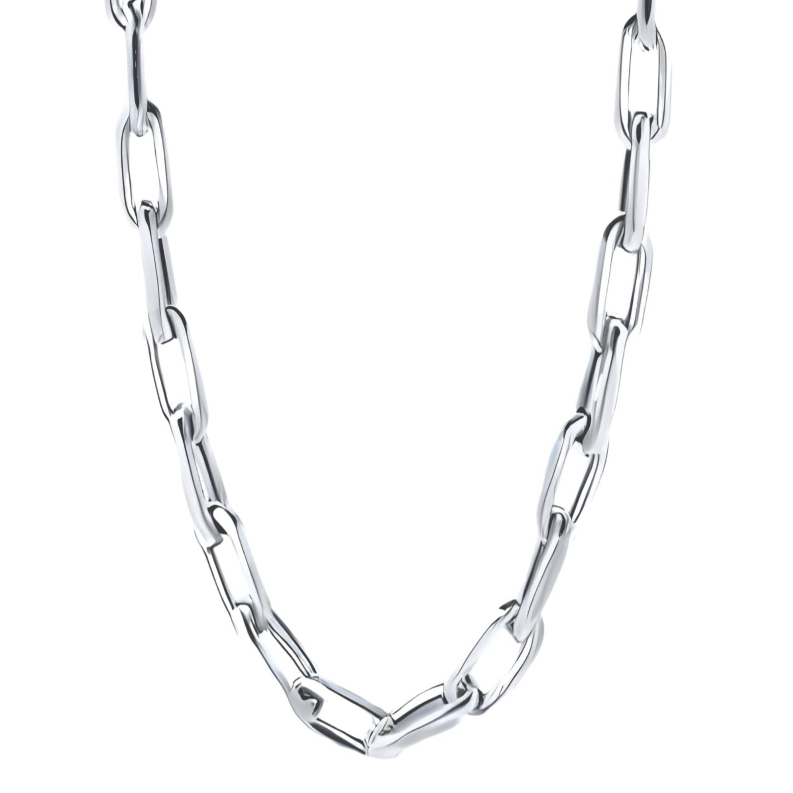 Thick elongated link necklace detail in white gold on white background.
