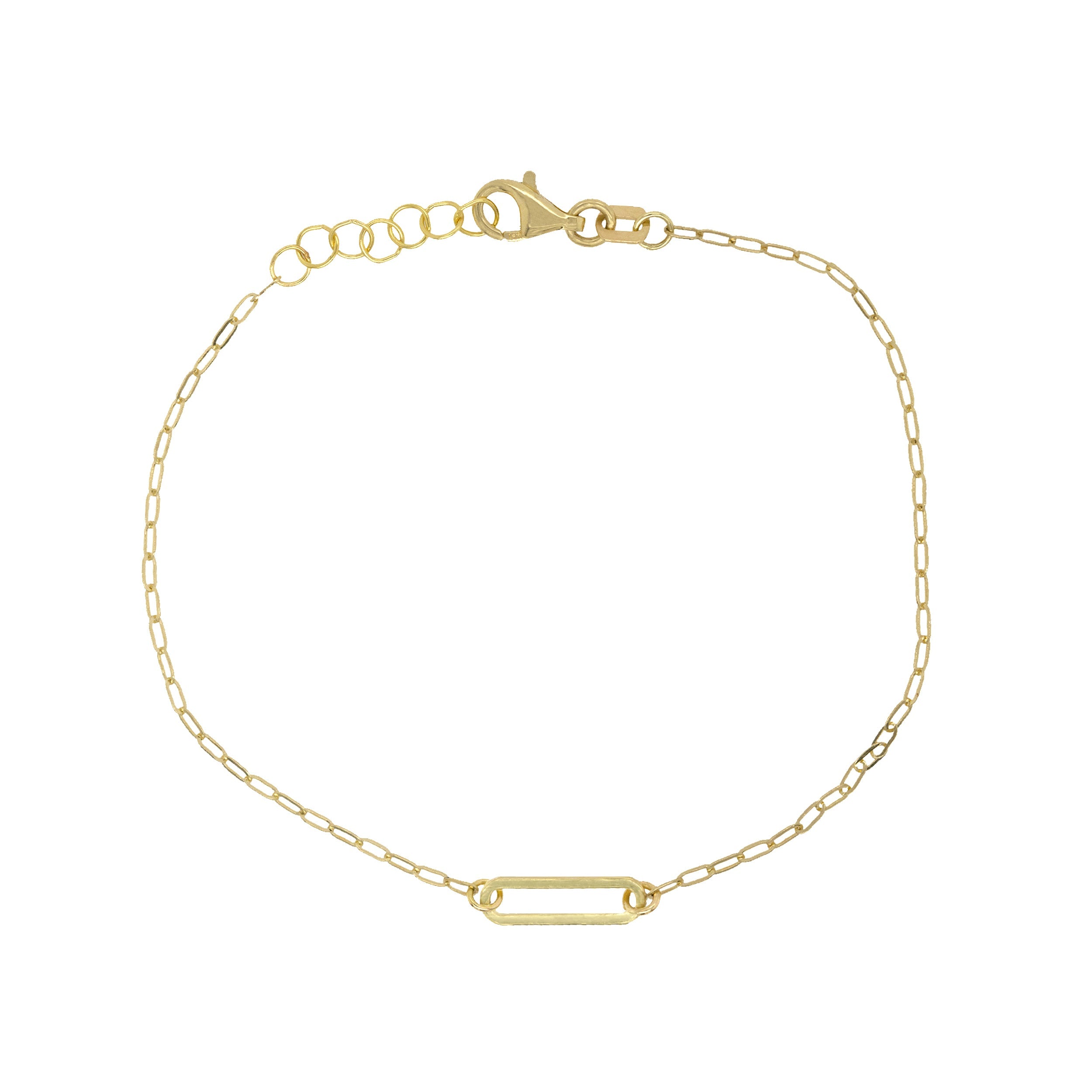 14k yellow gold paperclip chain bracelet with bar links on white background