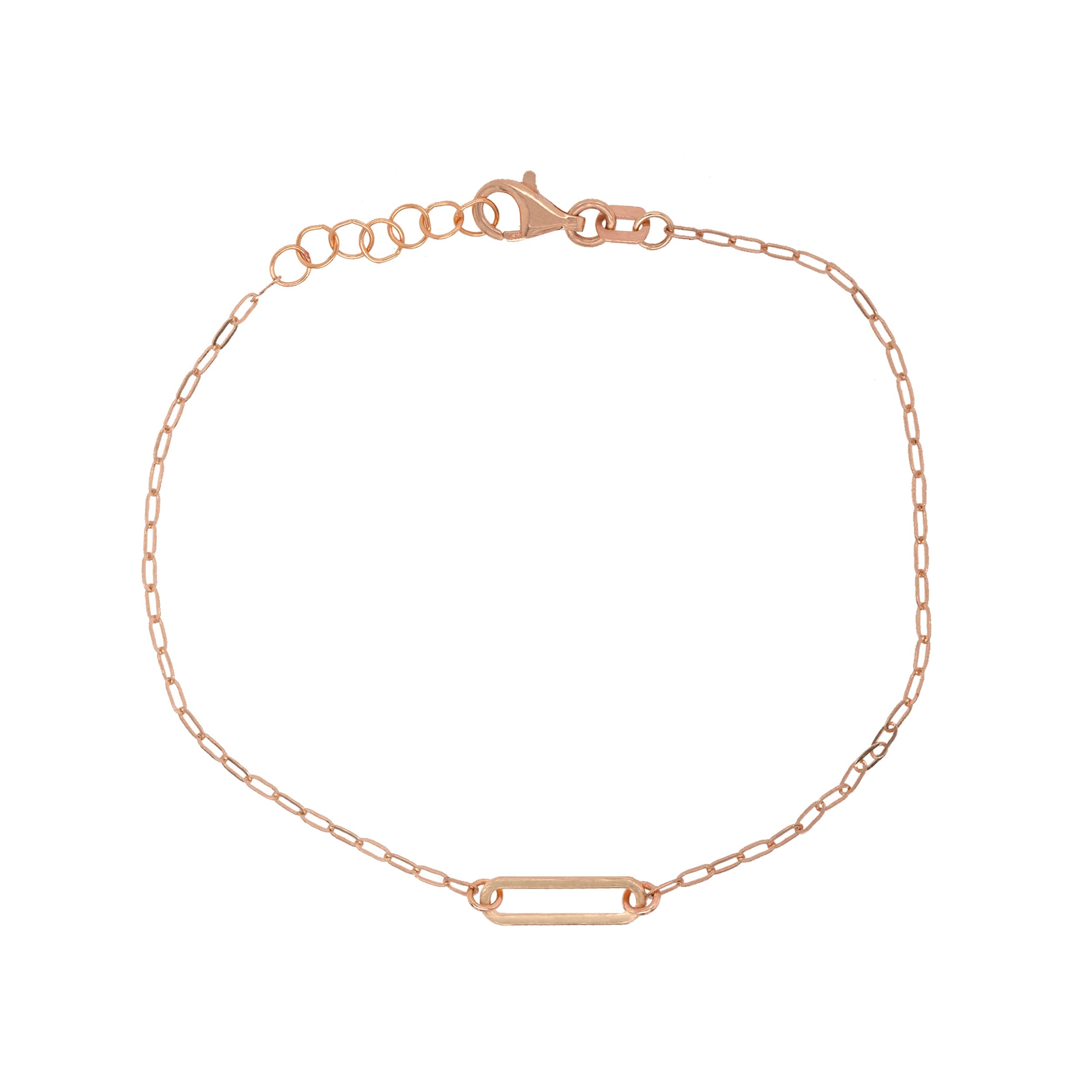 14k rose gold paperclip chain bracelet with bar links on white background