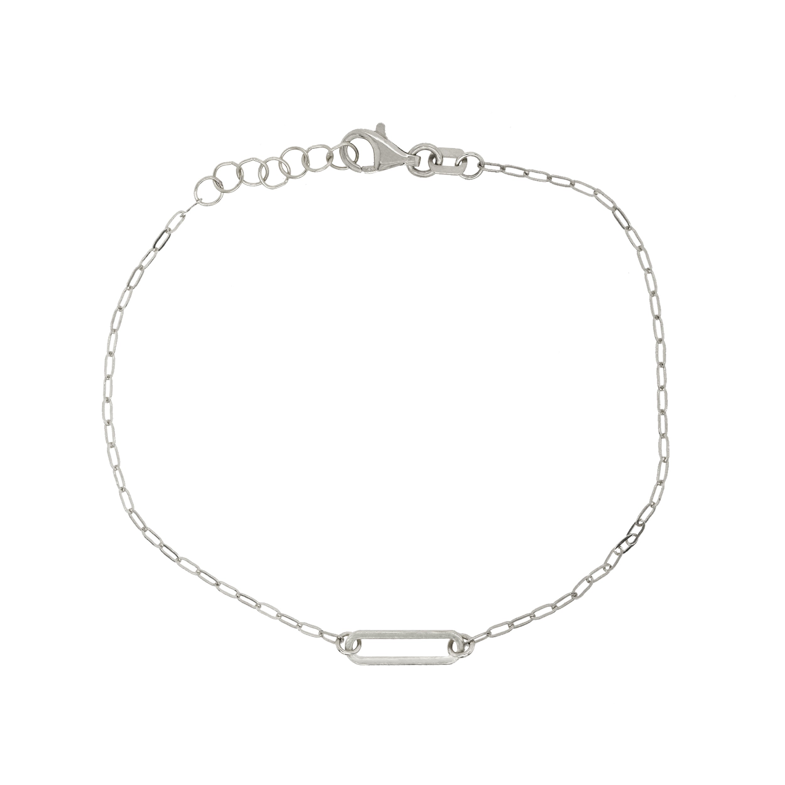 14k white gold paperclip chain bracelet with bar links on white background