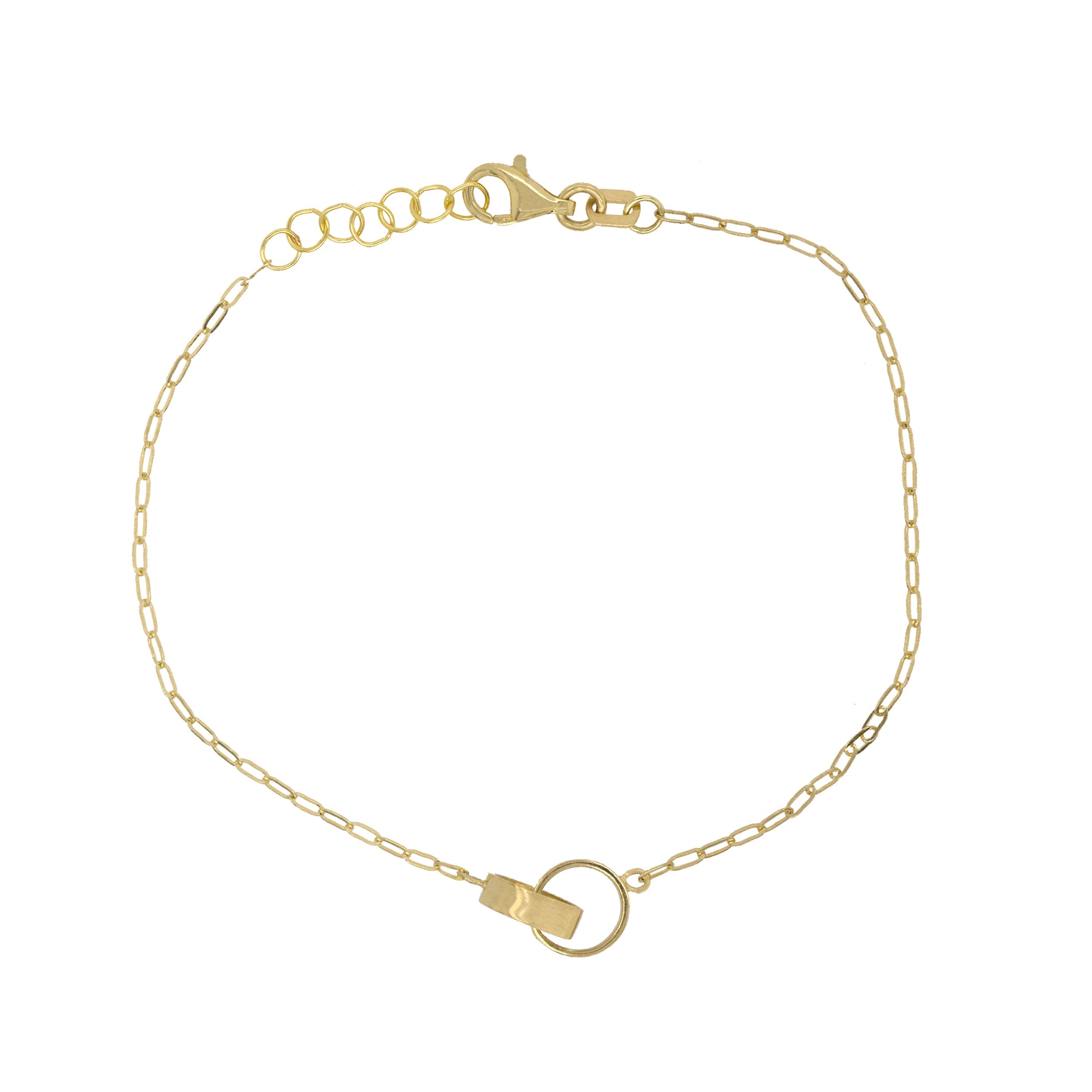 14k yellow gold paperclip chain bracelet with interlocking rings on white background