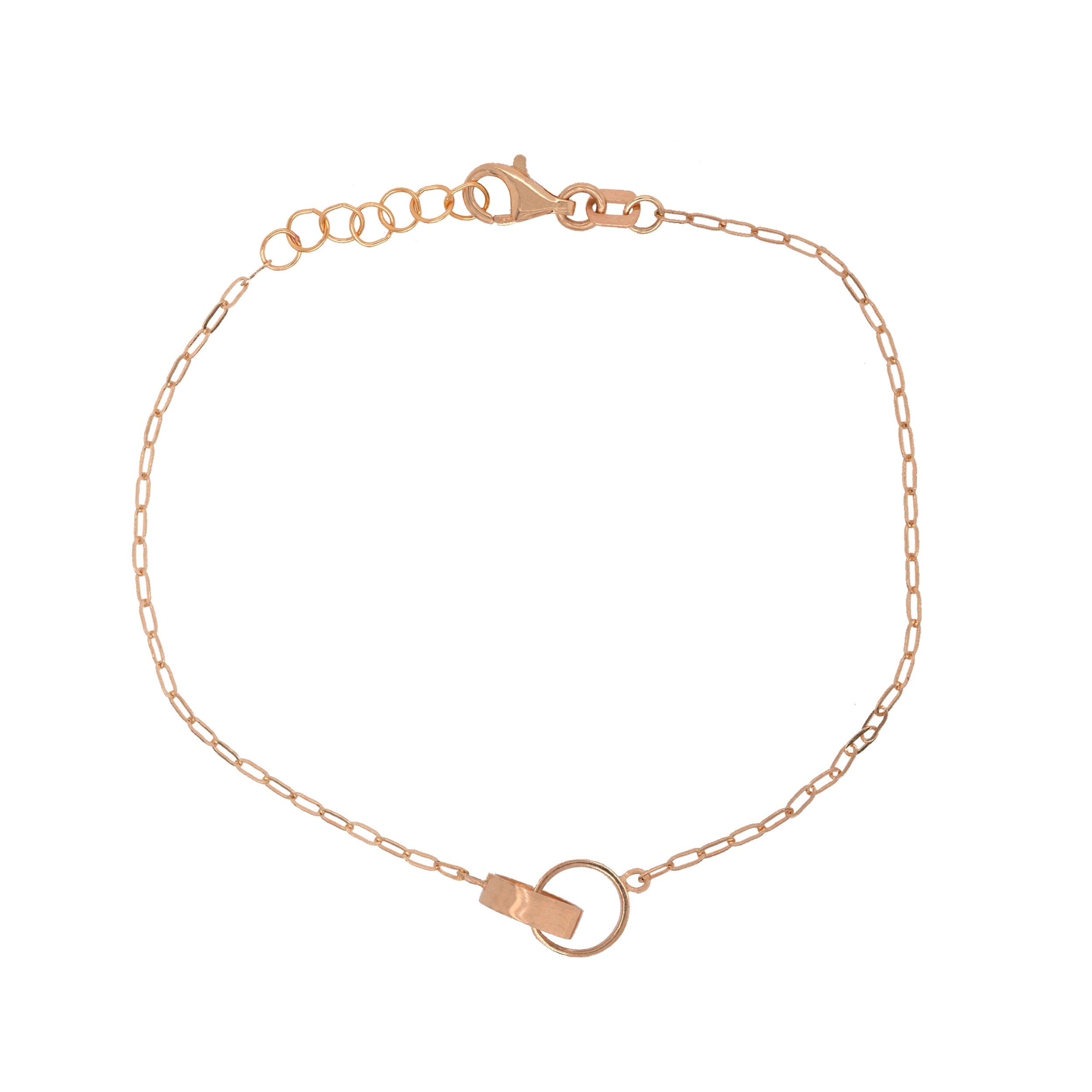 14k rose gold paperclip chain bracelet with interlocking rings on white background