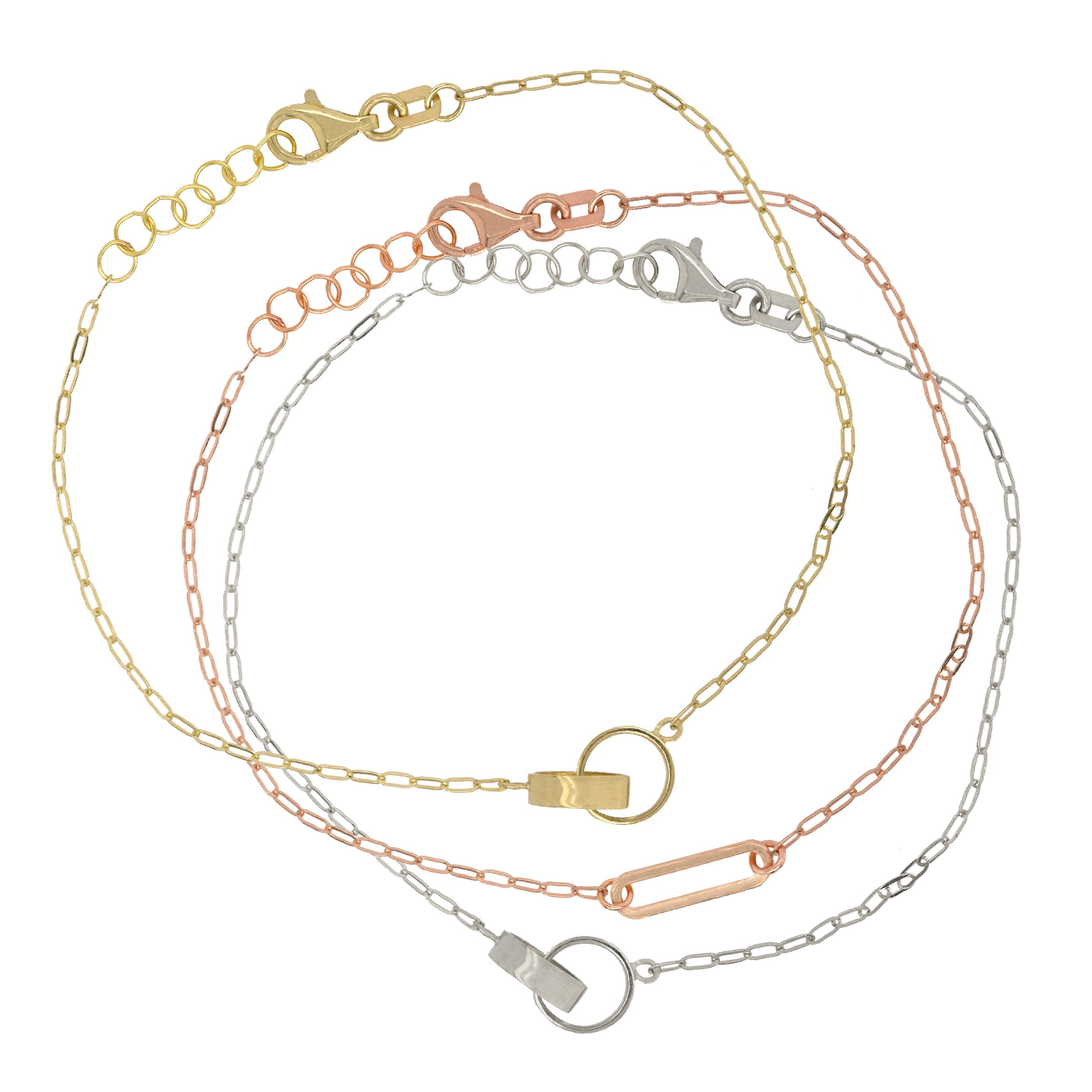 14k yellow gold and white gold paperclip chain bracelets with interlocking rings stacked with rose gold paperclip chain bracelet with elongated link on white background