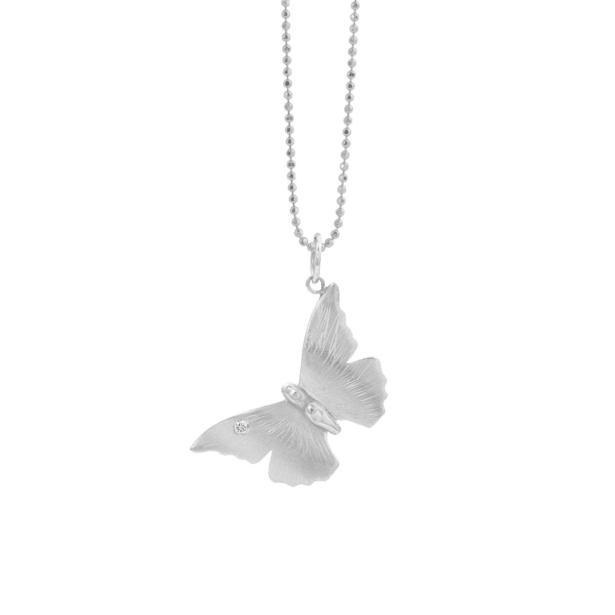 14k white Gold hand etched butterfly pendant necklace with white diamond on a white background