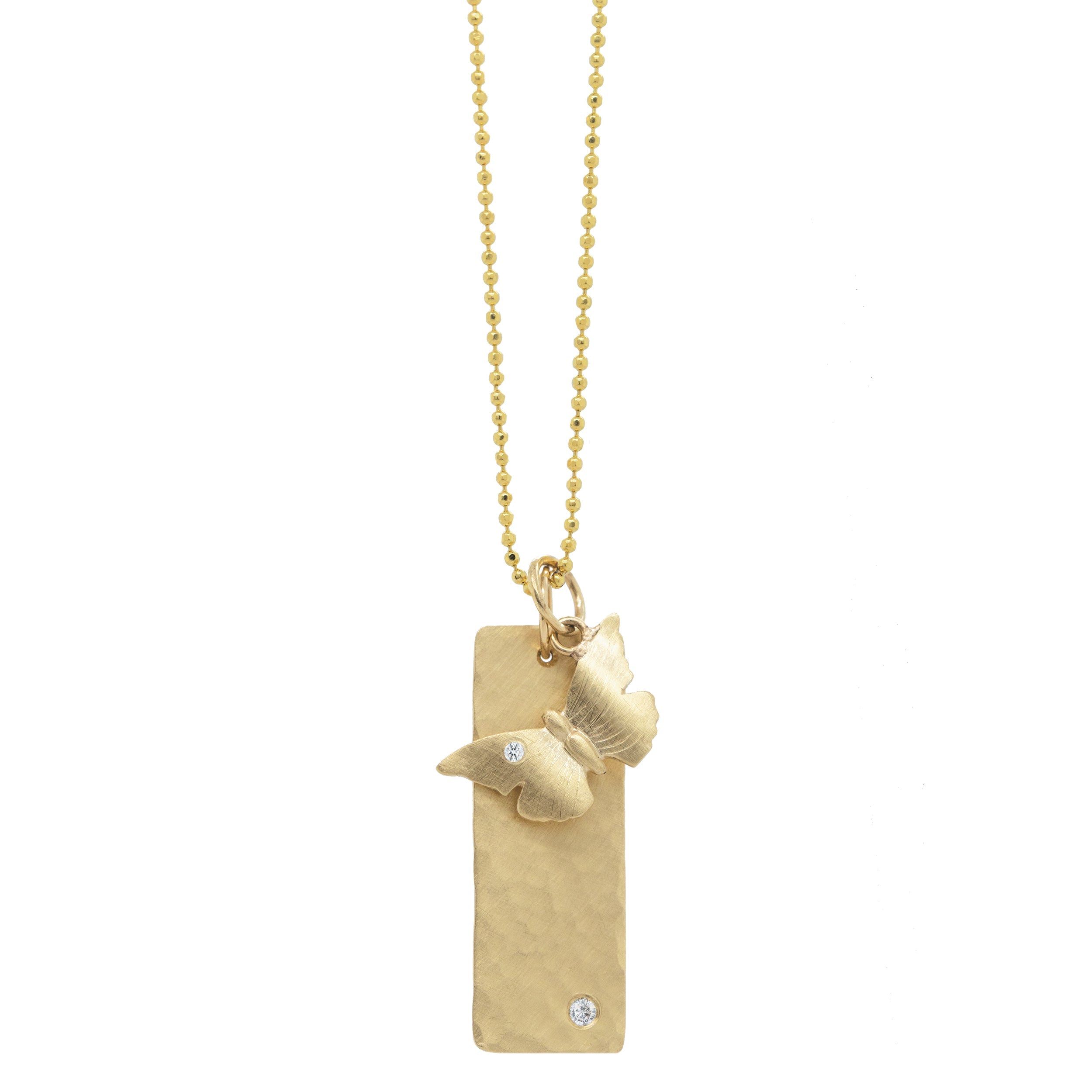 14k yellow Gold hand etched butterfly pendant necklace with white diamond with niki bar charm on diamond cut ball chain on a white background