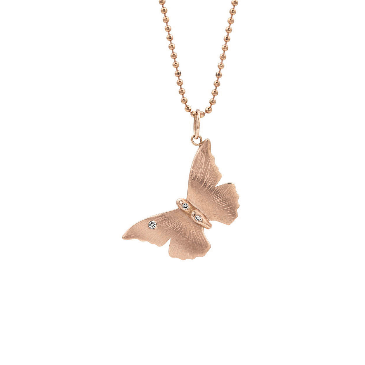 14k rose Gold hand etched butterfly pendant necklace with multiple white diamonds on a white background