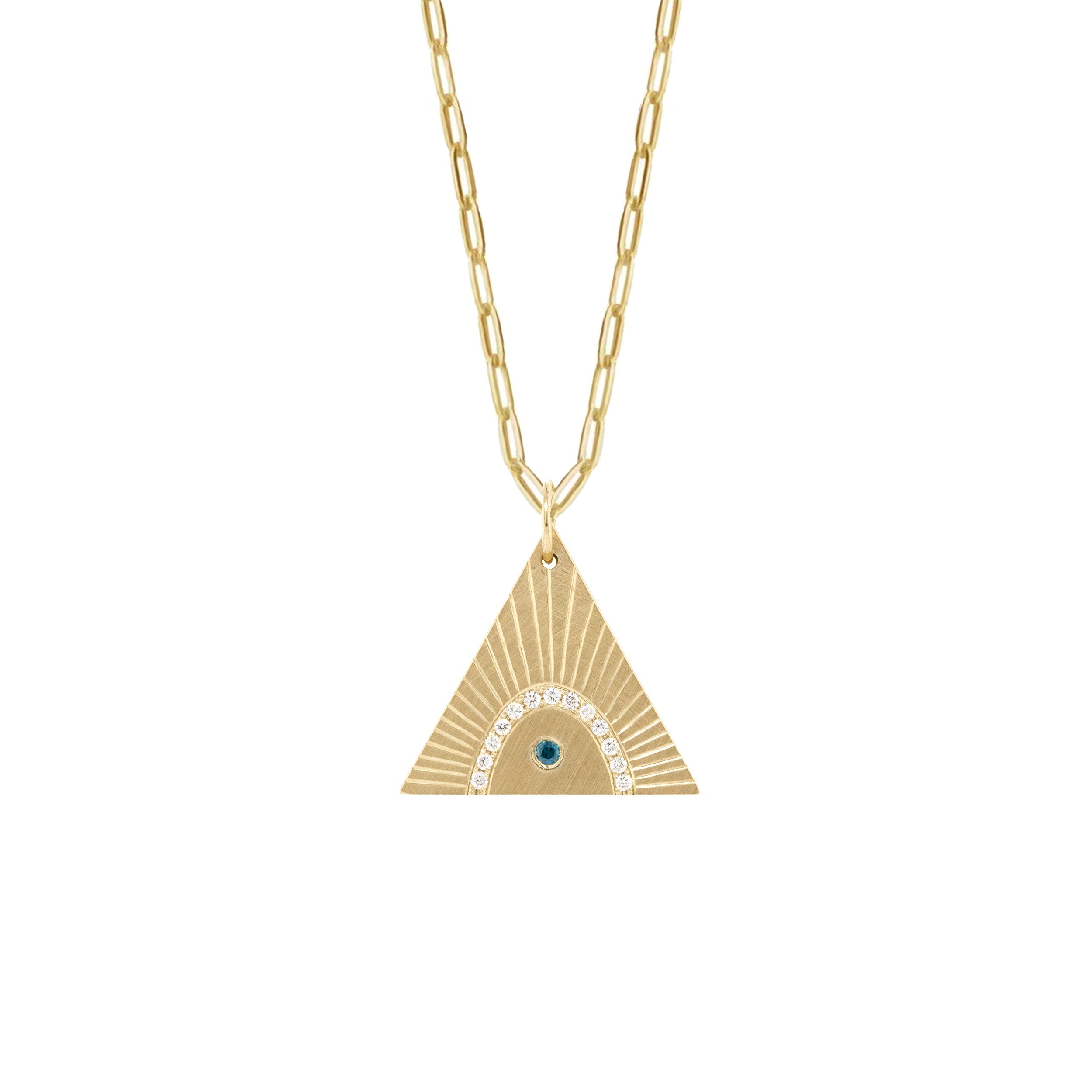 14k yellow gold small triangle sunburst pendant with blue sapphire and white diamonds with hand etching on paperclip chain on white background