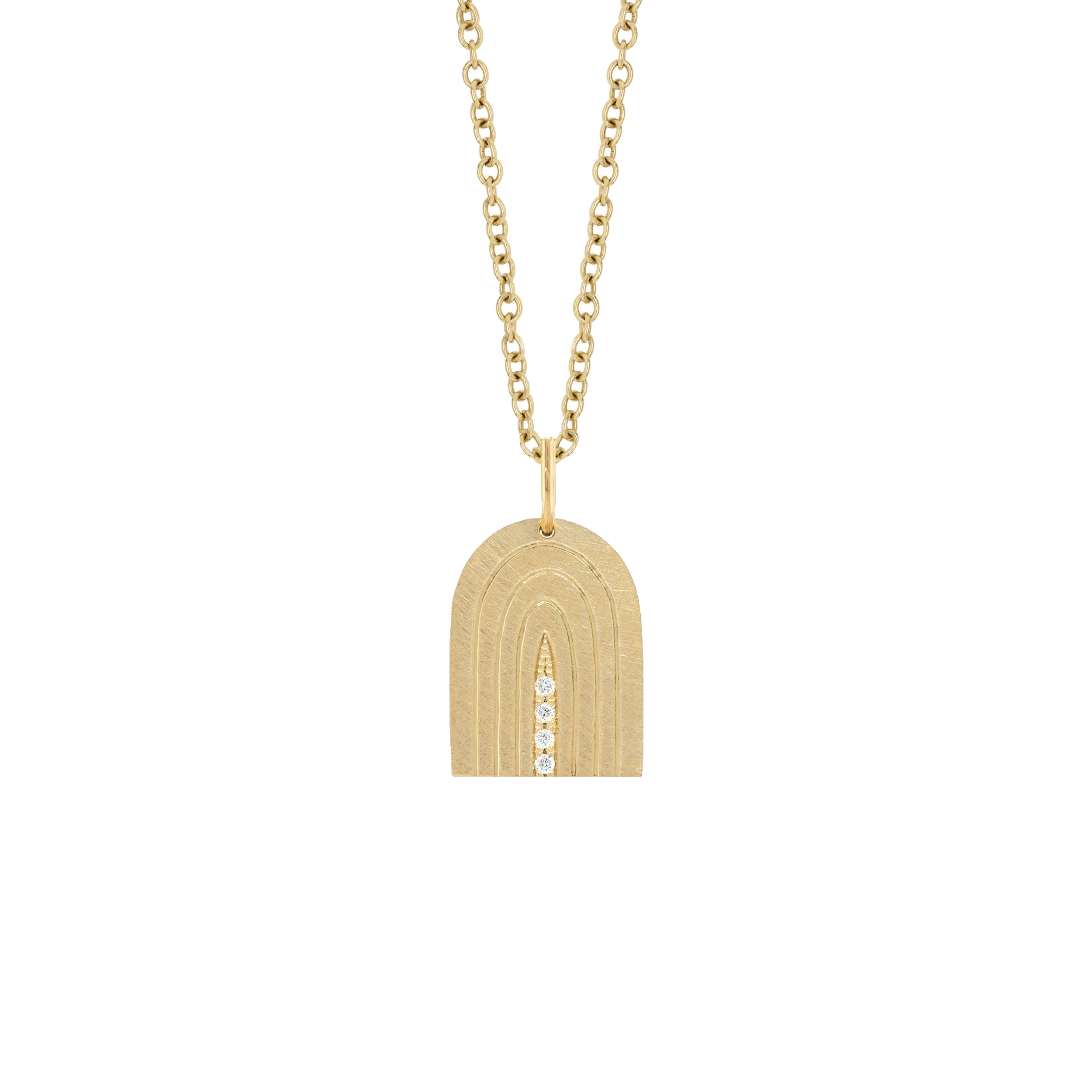14k yellow gold small art deco rainbow arch pendant with pave diamonds on rolo chain on white background