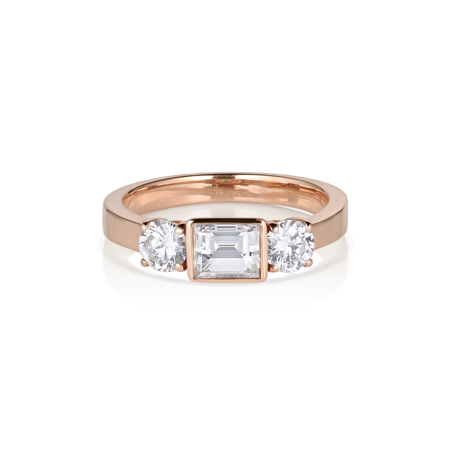 14k Rose Gold Princess Cut Three Stone Diamond Engagement Ring on white background