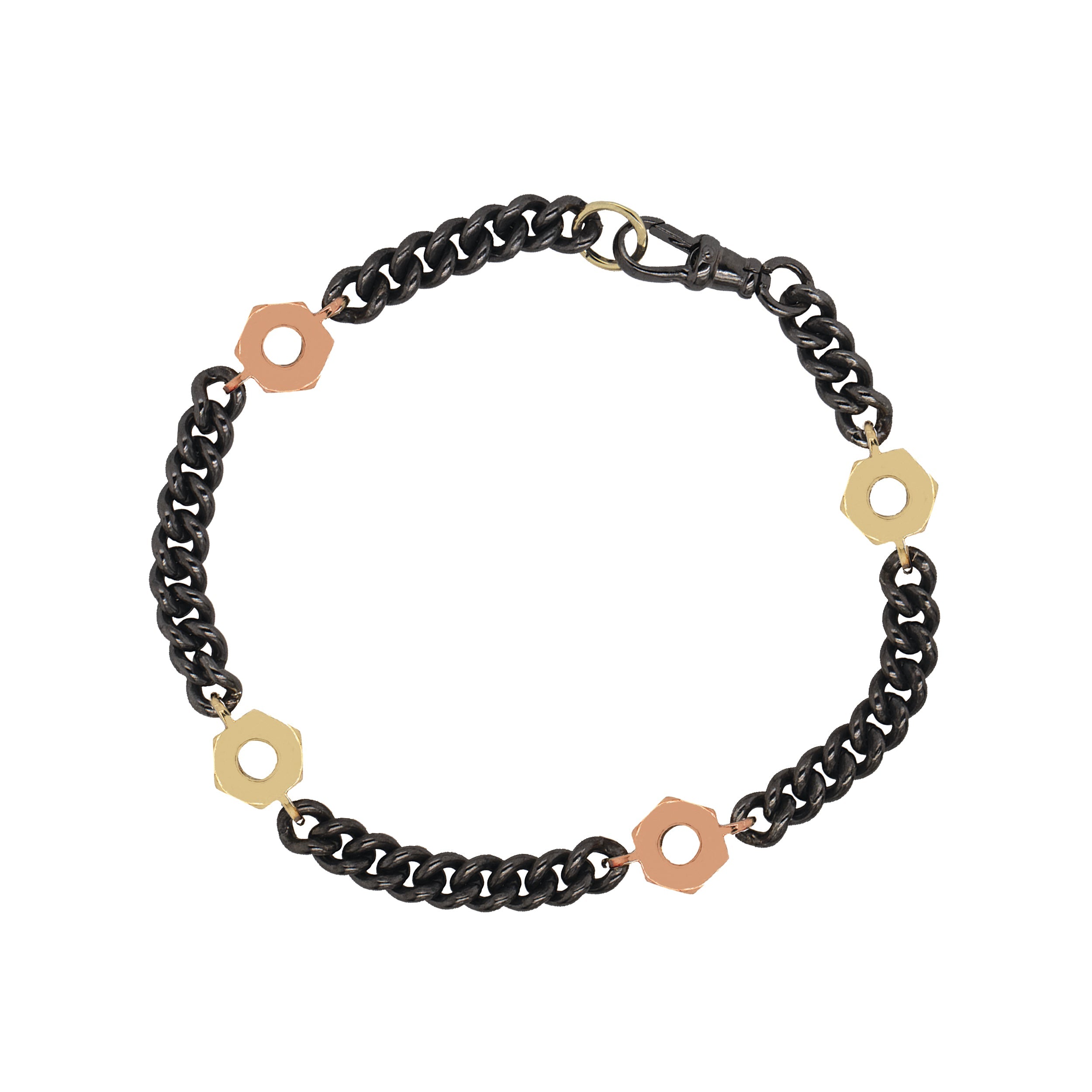 blackened sterling silver curb link chain bracelet with alternating 14k yellow and rose gold nut accents on white background