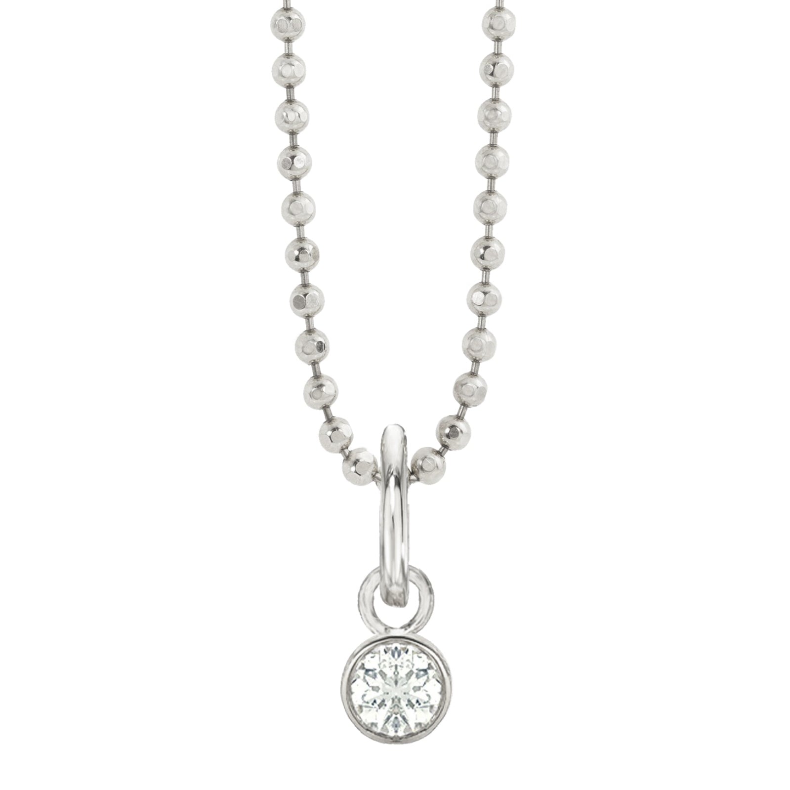 14k white gold bezel set white diamond charm on diamond cut ball chain on white background