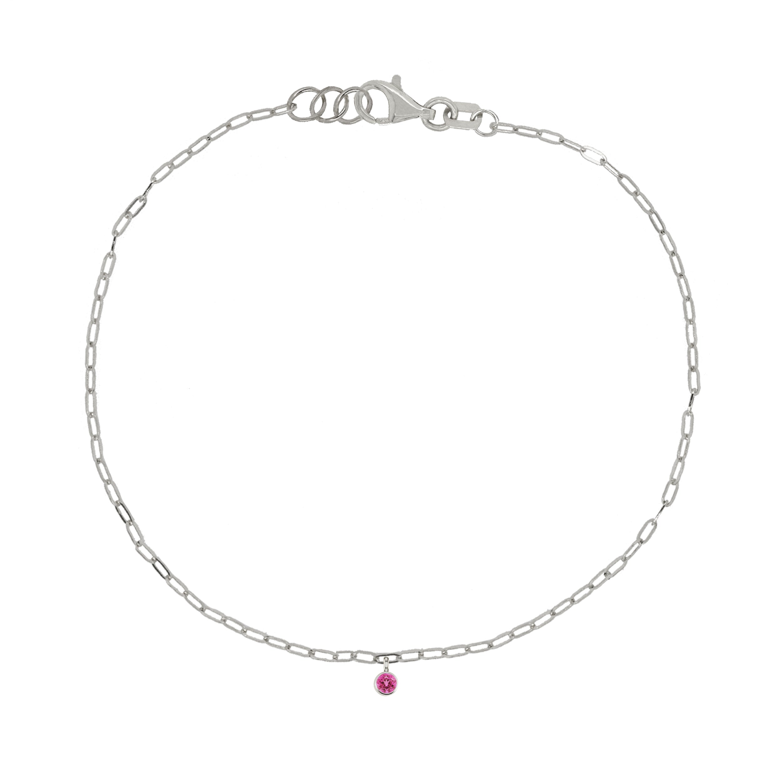 14k white gold paperclip chain bracelet with bezel set gemstone charm on white background