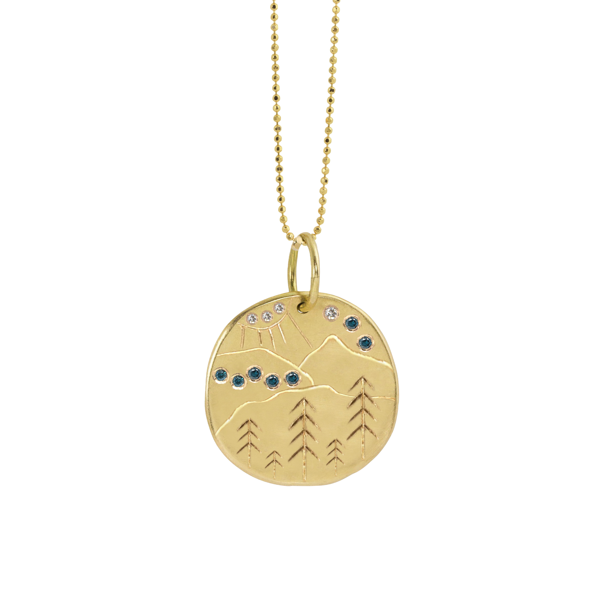 Blue Ridge Etched Mountain medallion with white diamonds and blue sapphires by julez bryant on white background