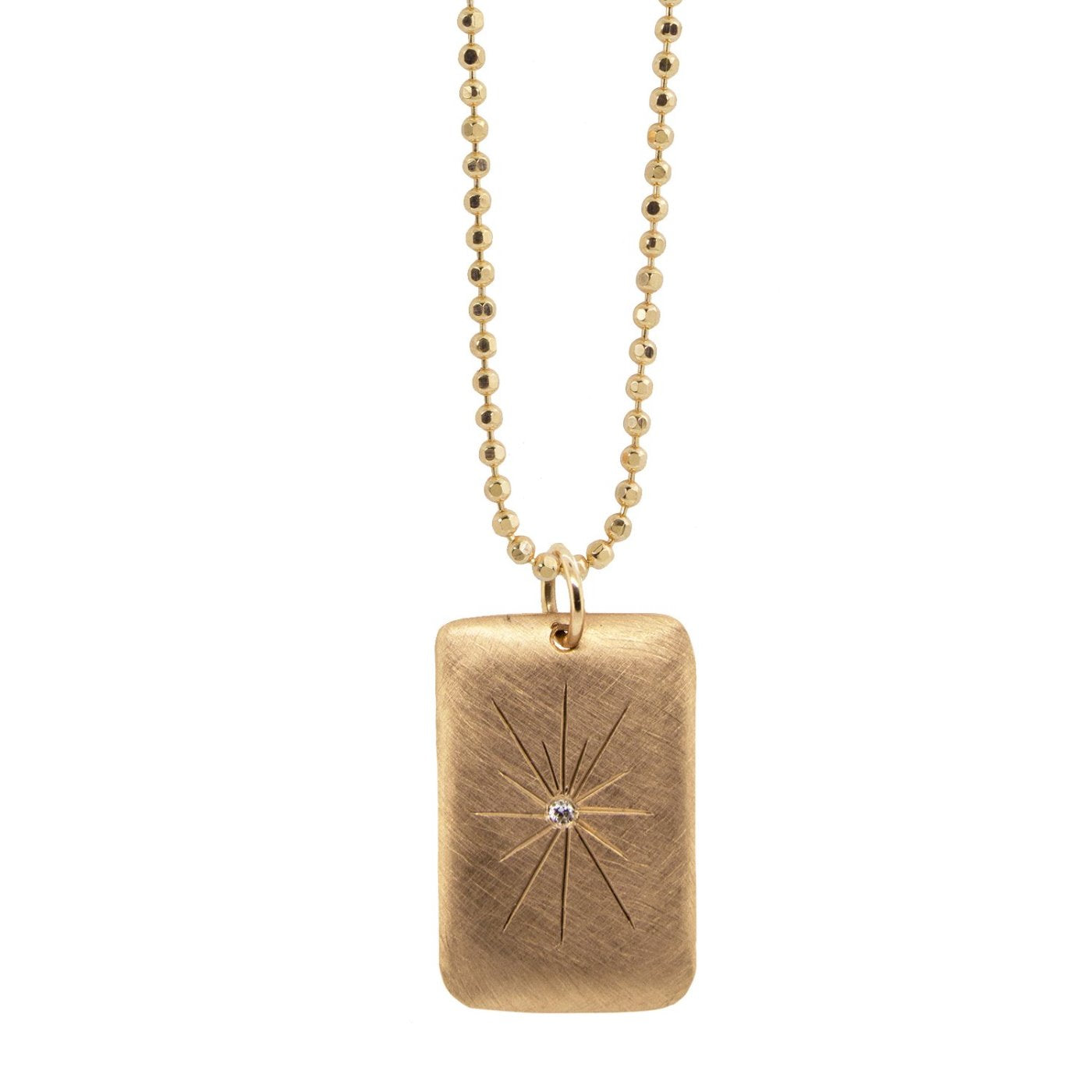 14k yellow gold satin finished rectangle pendant necklace with starburst design with white diamond on diamond cut ball chain on a white background