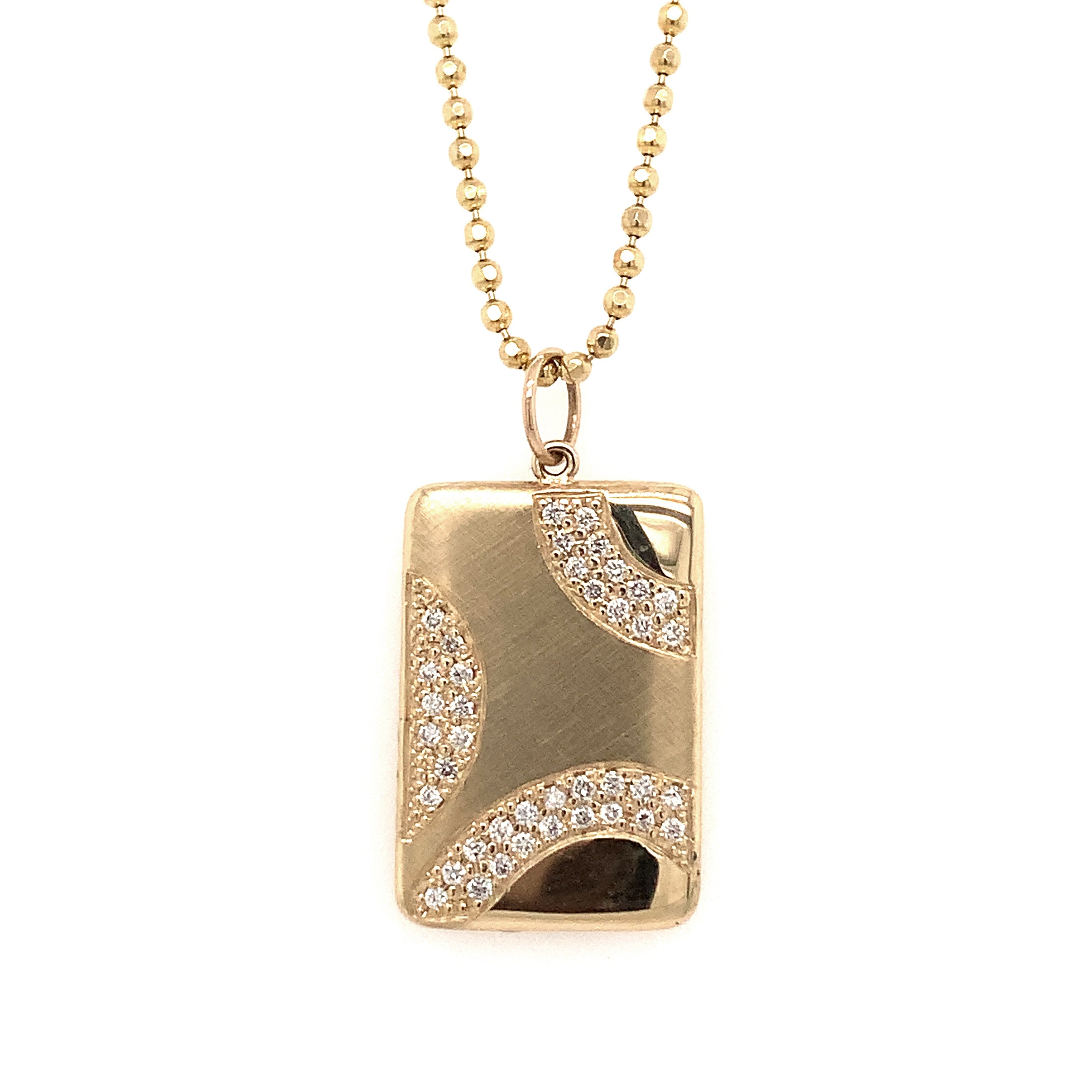 14k yellow gold rectangular pendant necklace with wavy diamond accents and a mix of shiny and satin finishes on diamond cut ball chain on a white background
