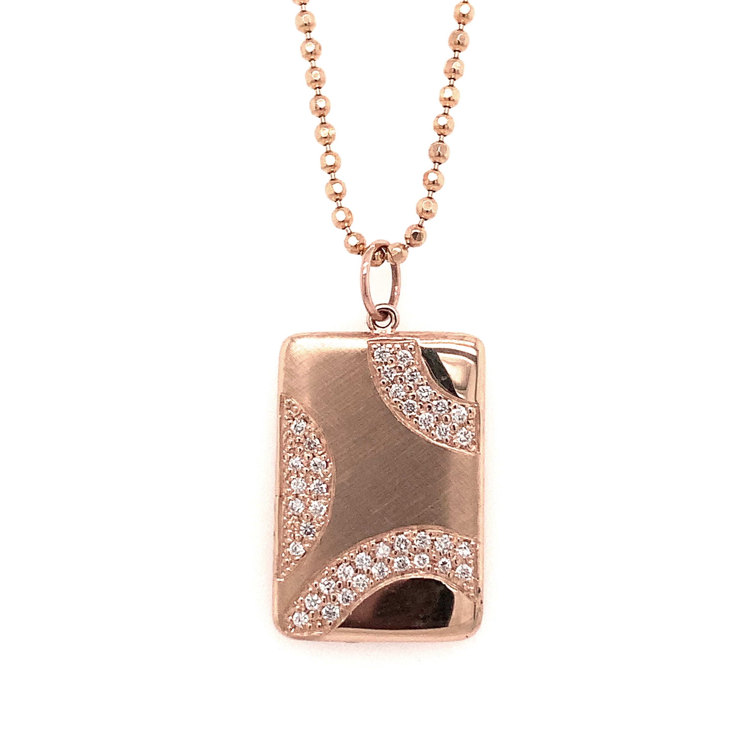 14k rose gold rectangular pendant necklace with wavy diamond accents and a mix of shiny and satin finishes on diamond cut ball chain on a white background