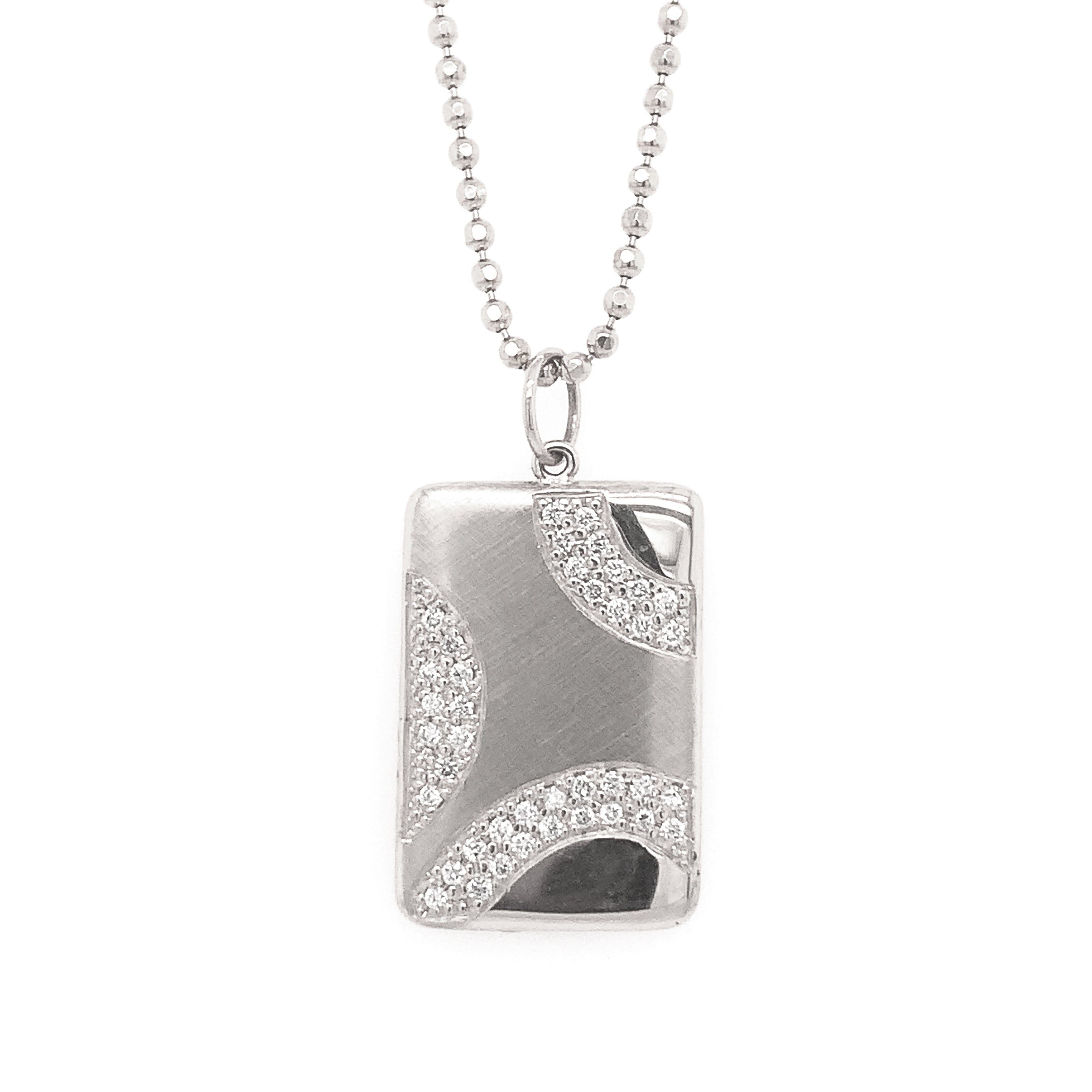14k white gold rectangular pendant necklace with wavy diamond accents and a mix of shiny and satin finishes on diamond cut ball chain on a white background