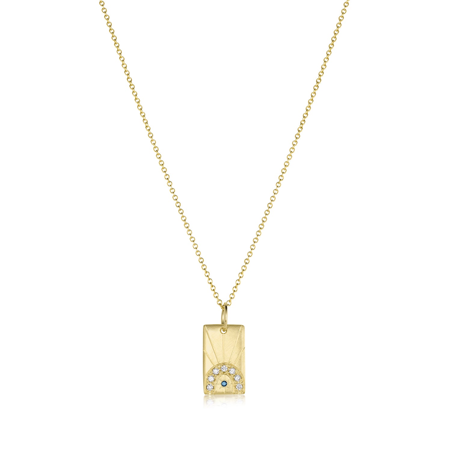 Image of a small rectangular pendant with rainbow gemstone on a white background.