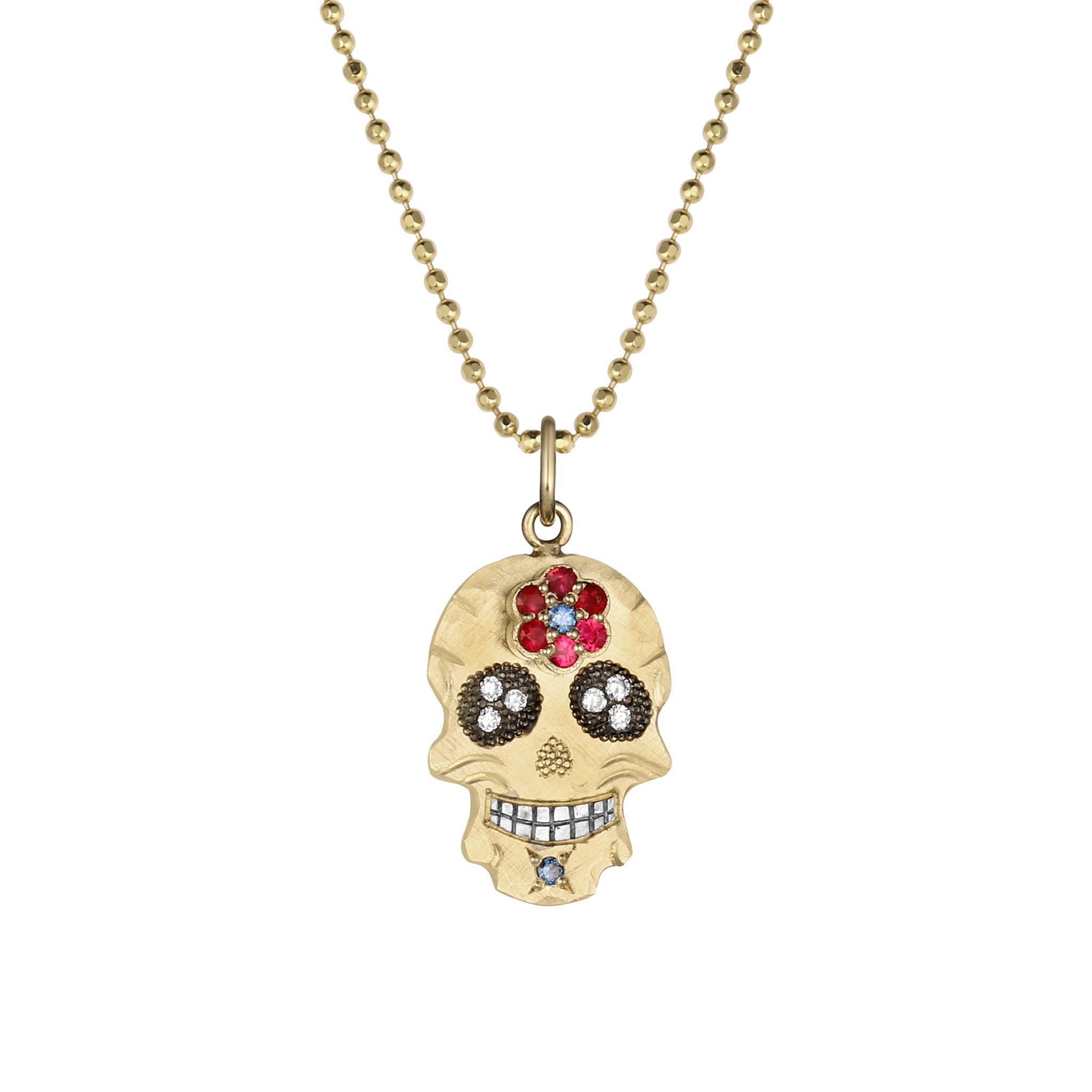 14k yellow gold ghostrider pendant necklace with white diamonds and colored gemstones on a diamond cut ball chain on a white background