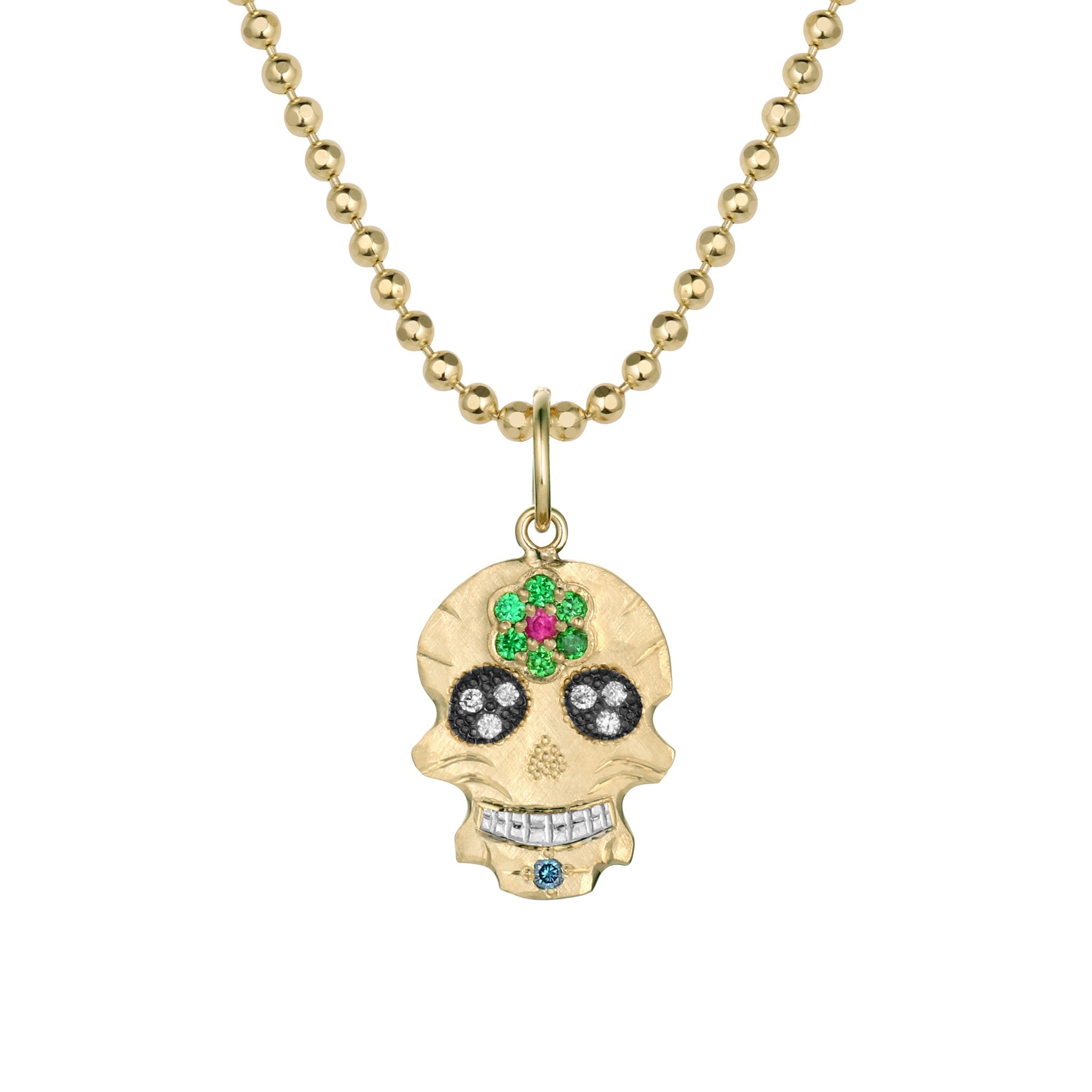 14k yellow gold ghostrider pendant necklace with white diamonds and colored gemstones on a diamond cut ball chain on a white background