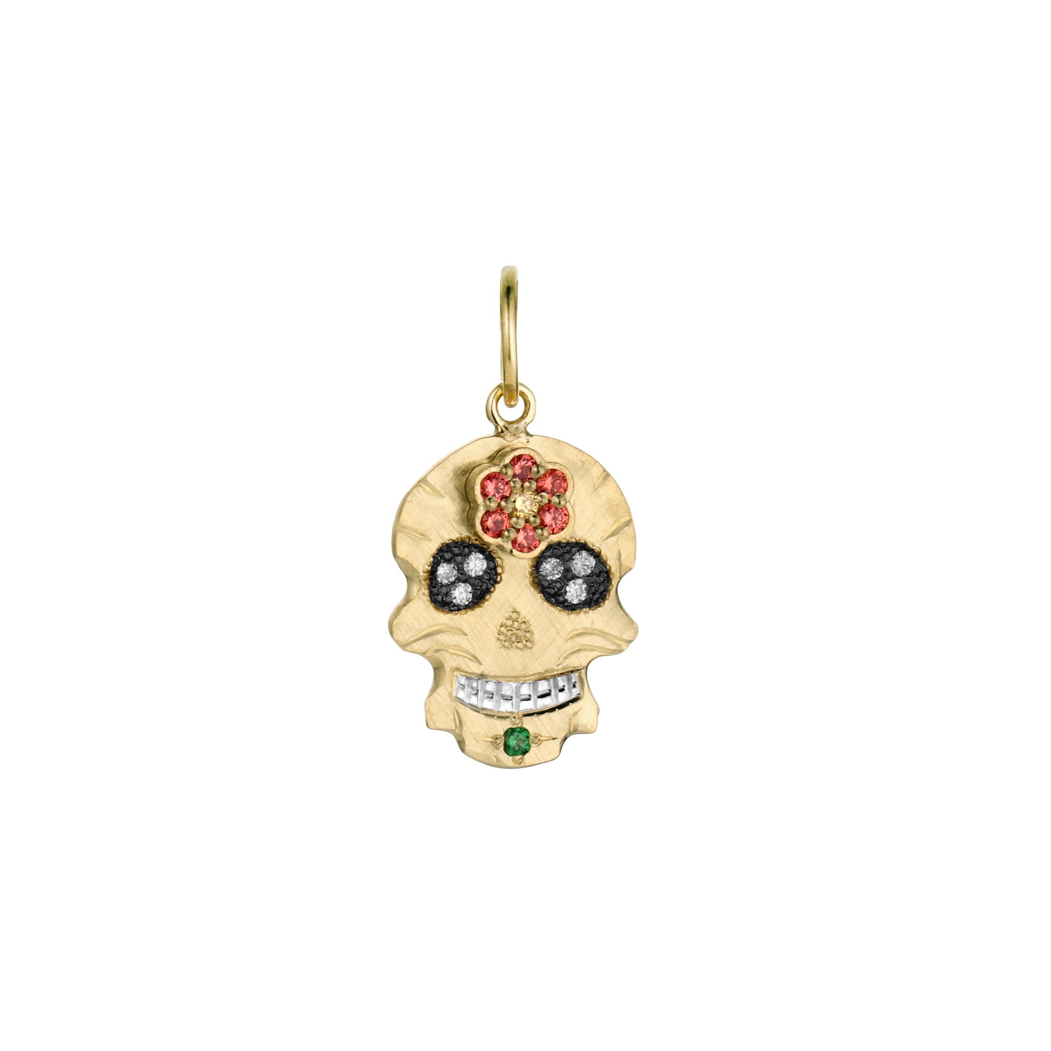14k yellow gold ghostrider pendant necklace with white diamonds and colored gemstones on a white background