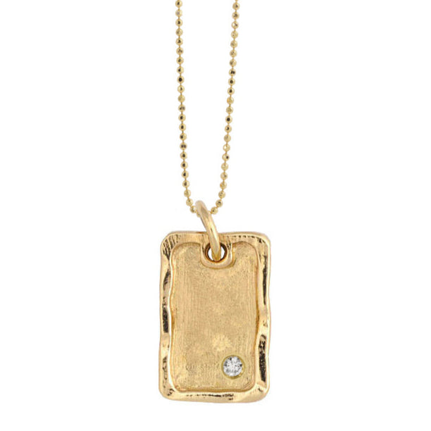 14k yellow gold rectangular pendant necklace with an offset white diamond on a diamond cut ball chain on a white background