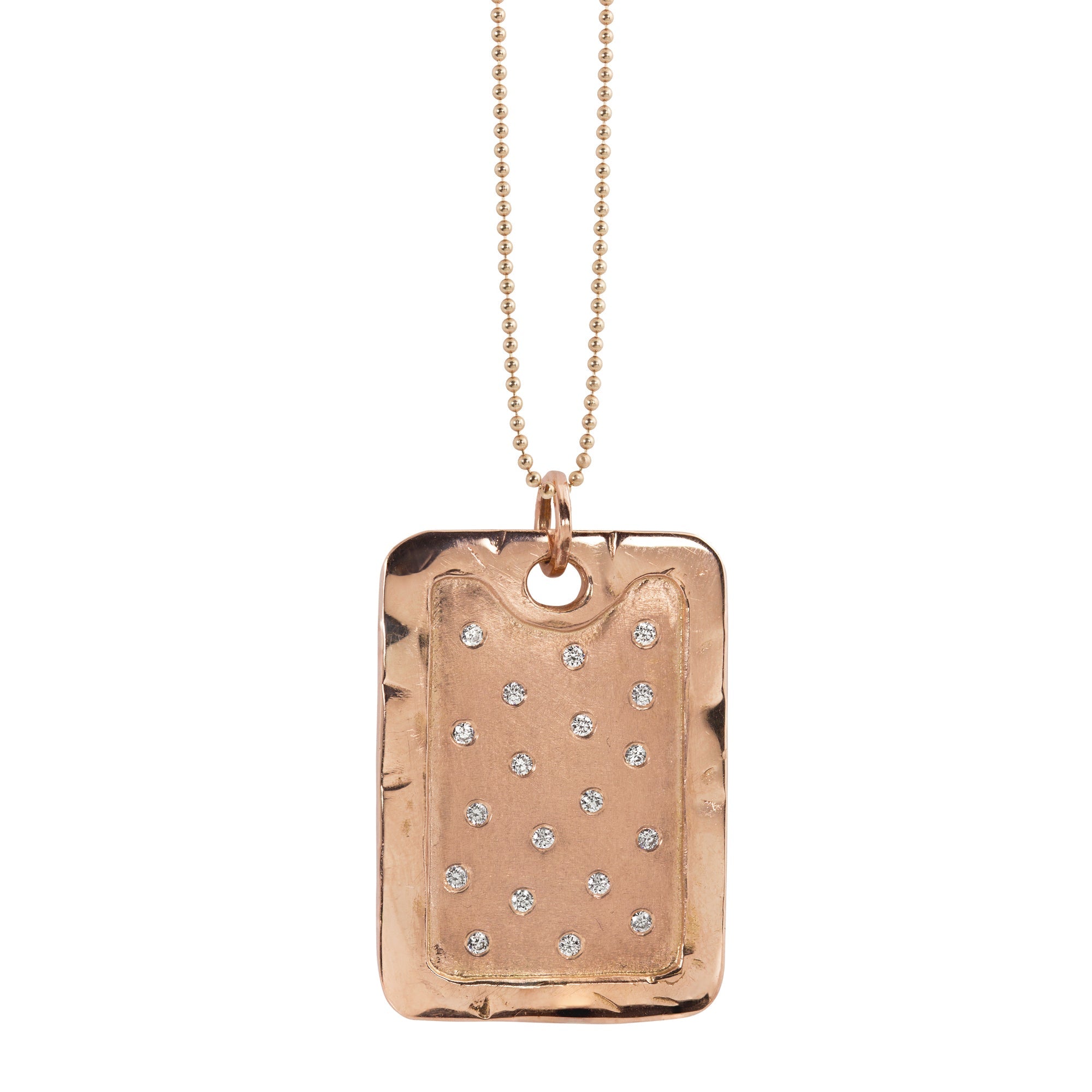 14k rose gold extra large dog tag pendant featuring organic texture border and scattered bead set diamonds on dainty ball chain shown with white background.