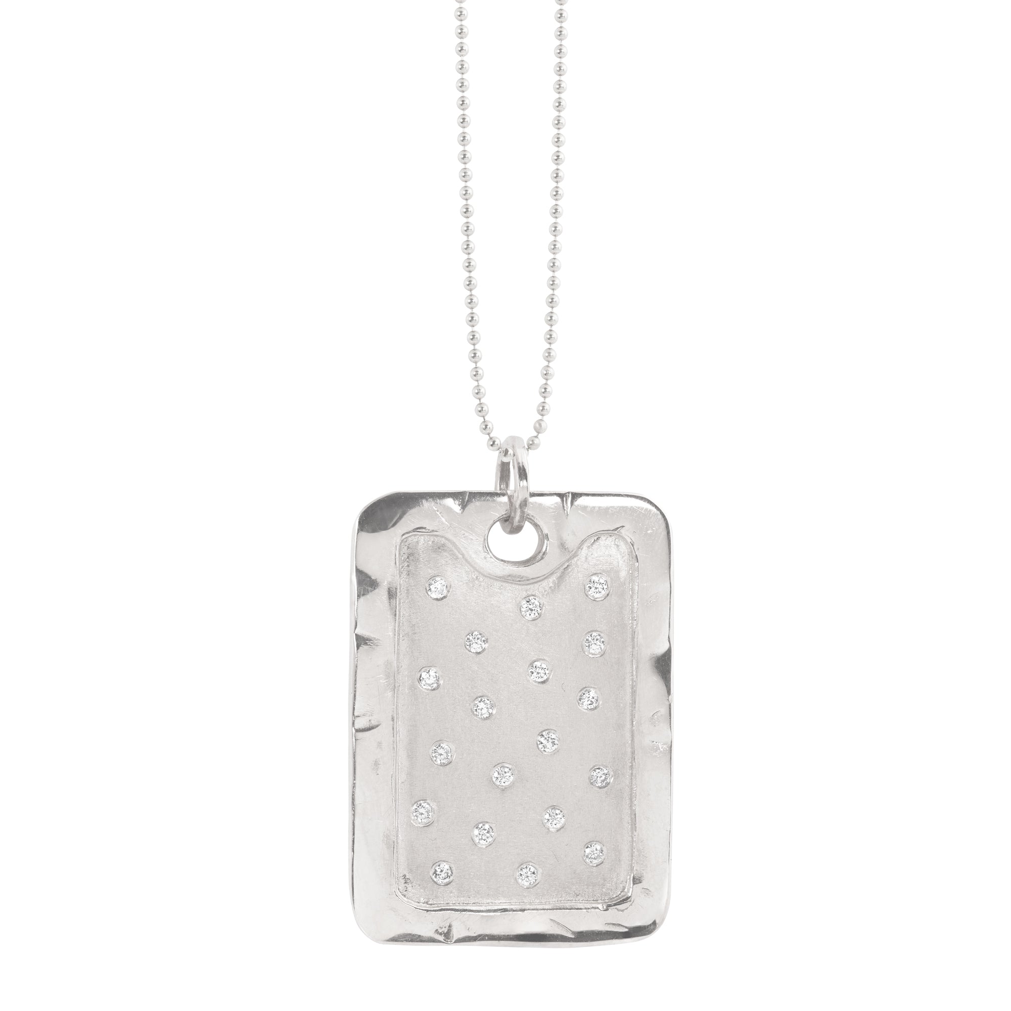 14k white gold rectangle pendant necklace with scattered white diamond accents on a ball chain on a white background