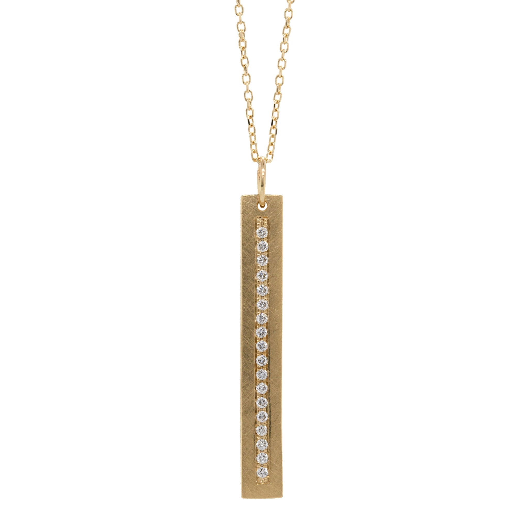 14k yellow gold vertical bar pendant with paved set white diamonds on diamond cut rolo chain on a white background