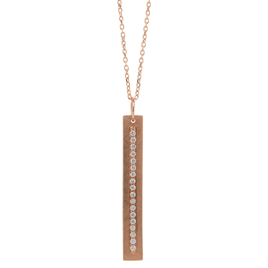 14k rose gold vertical bar pendant with paved set white diamonds on diamond cut rolo chain on a white background