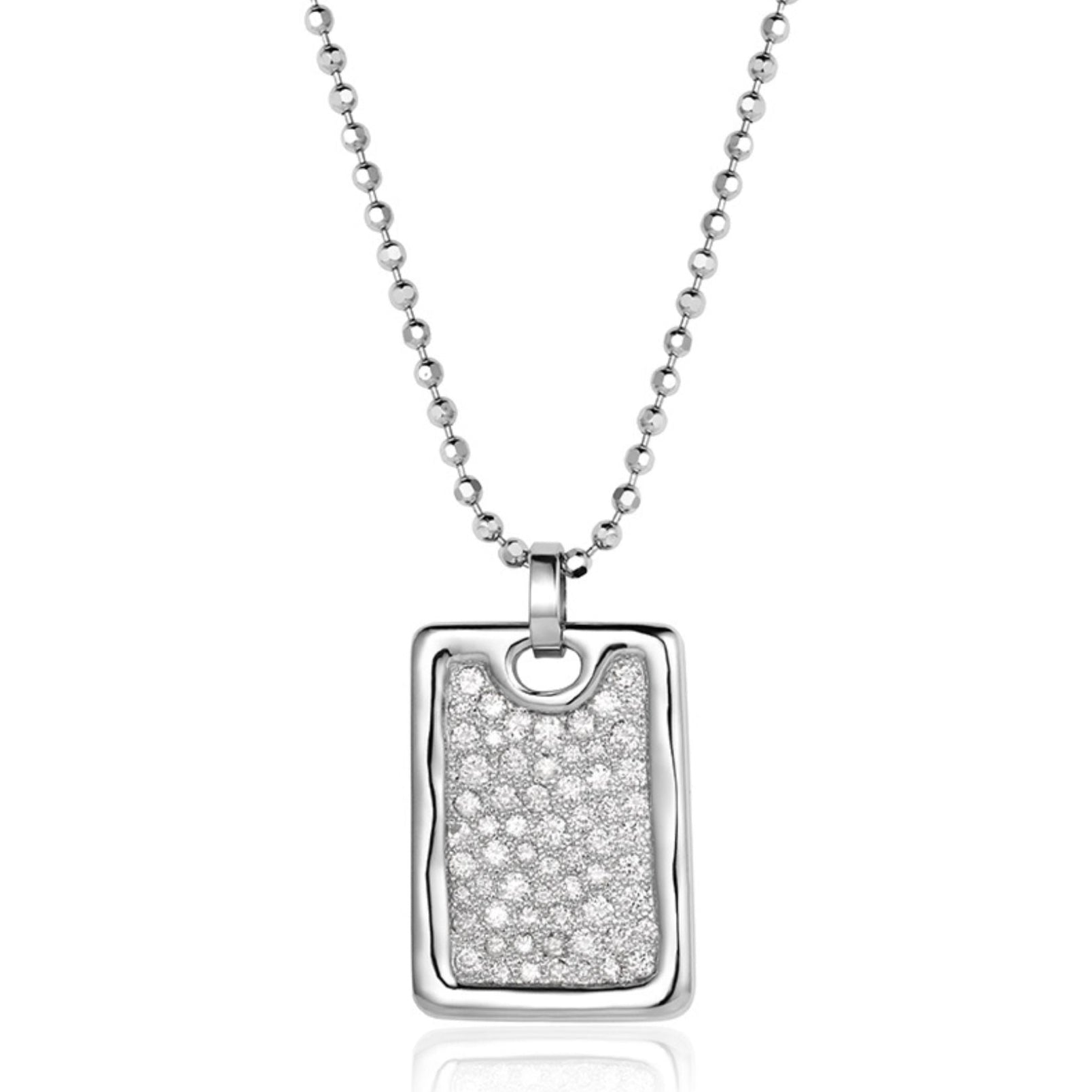 14k white gold rectangular pendant featuring scattered white diamonds and beaded texture on a diamond cut ball chain on a white background