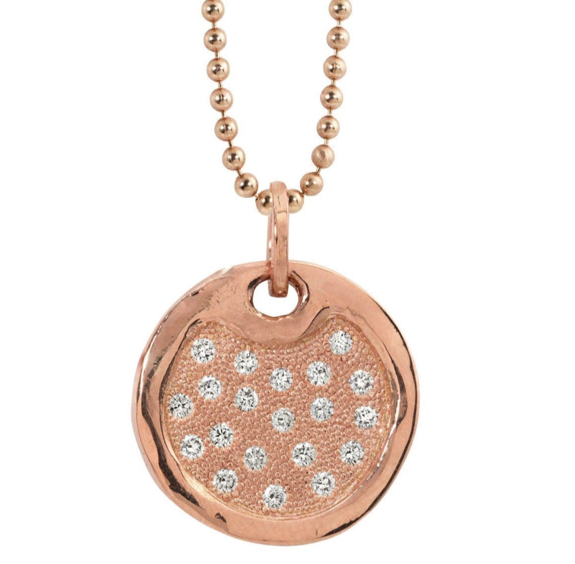 14k Rose gold necklace with a round dog tag pendant featuring embedded diamonds on a white background