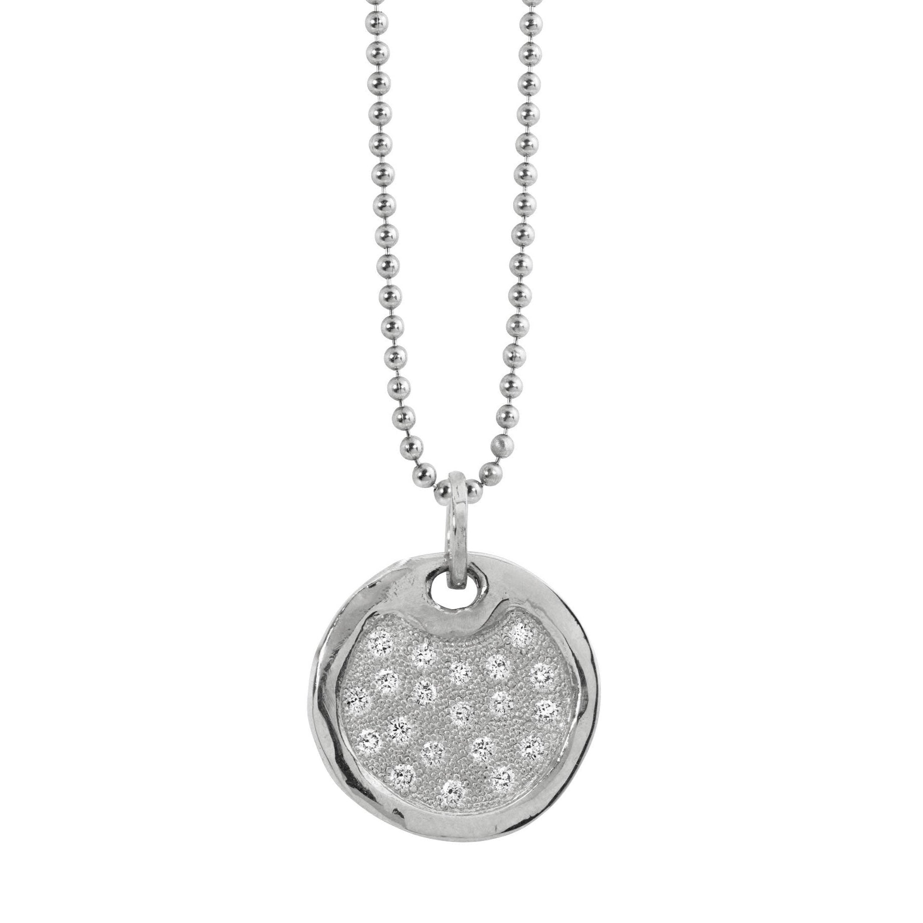 Polished 14k white gold necklace with a round pendant featuring embedded bead set white diamonds on a white background