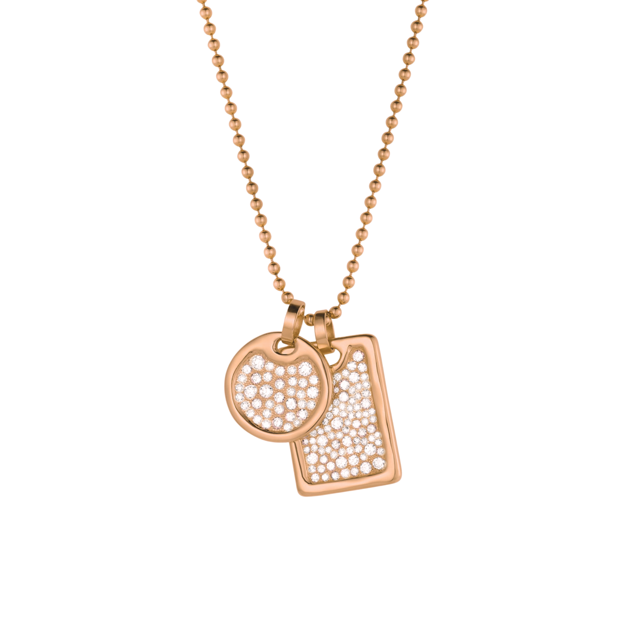 14k Gold layered dog tag pendant necklace with one round and one rectangular pendants on a white background