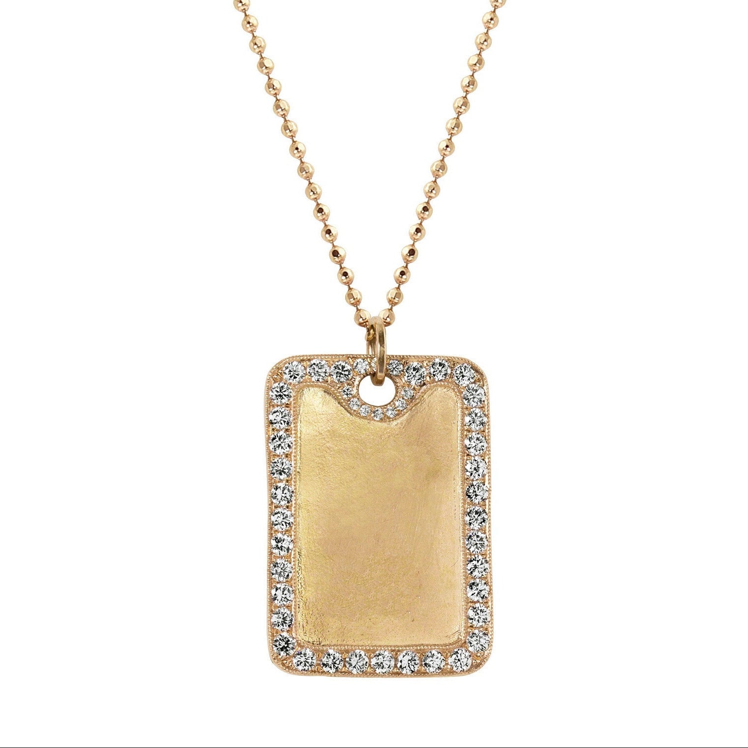 Extra large 14k yellow gold rectangular dog tag pendant featuring pave diamond halo satin finish interior perfect for engraving shown hanging from ball chain on white background