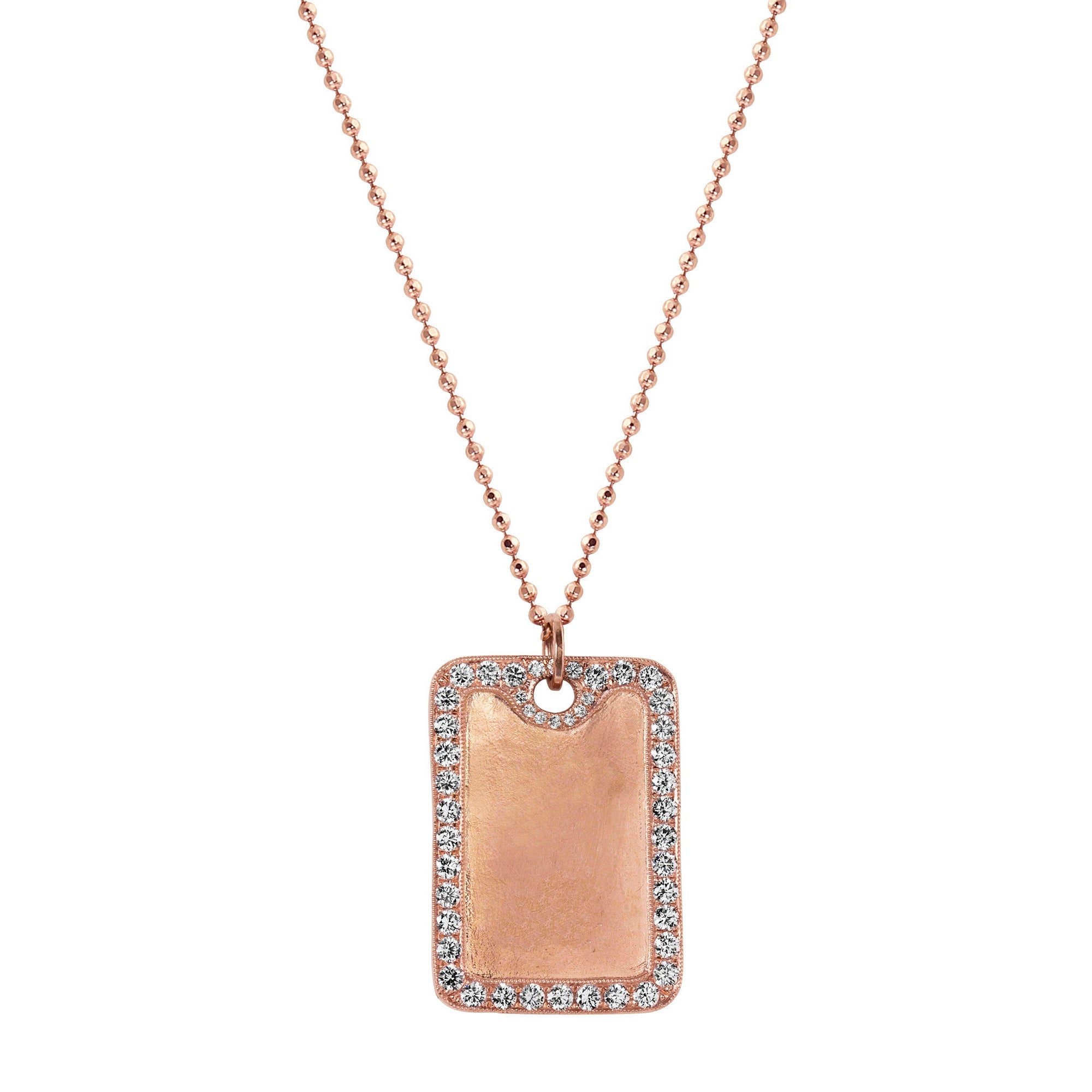 Extra large 14k rose gold rectangular dog tag pendant featuring pave diamond halo satin finish interior perfect for engraving shown hanging from ball chain on white background
